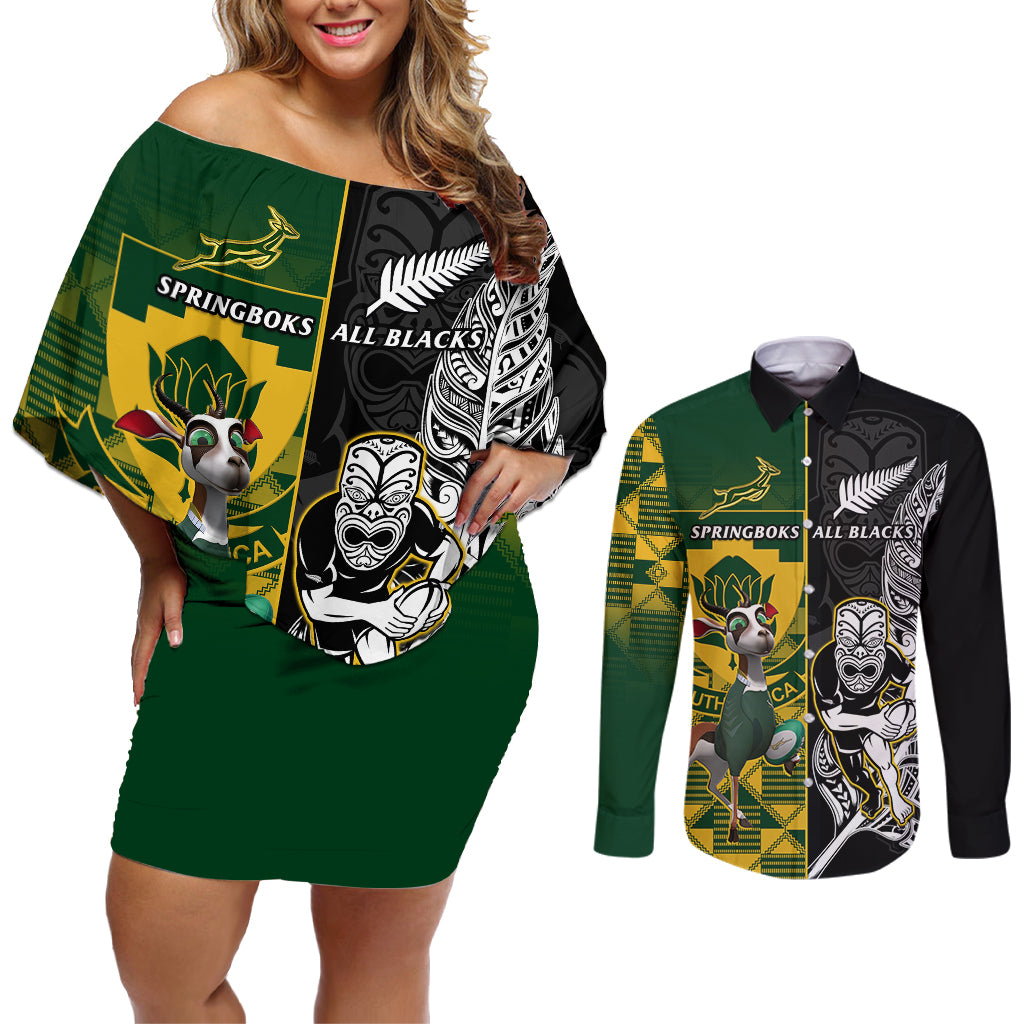 South Africa And Aotearoa Rugby Couples Matching Off Shoulder Short Dress and Long Sleeve Button Shirts 2023 Springboks Kente Combine All Black Maori Fern - Wonder Print Shop