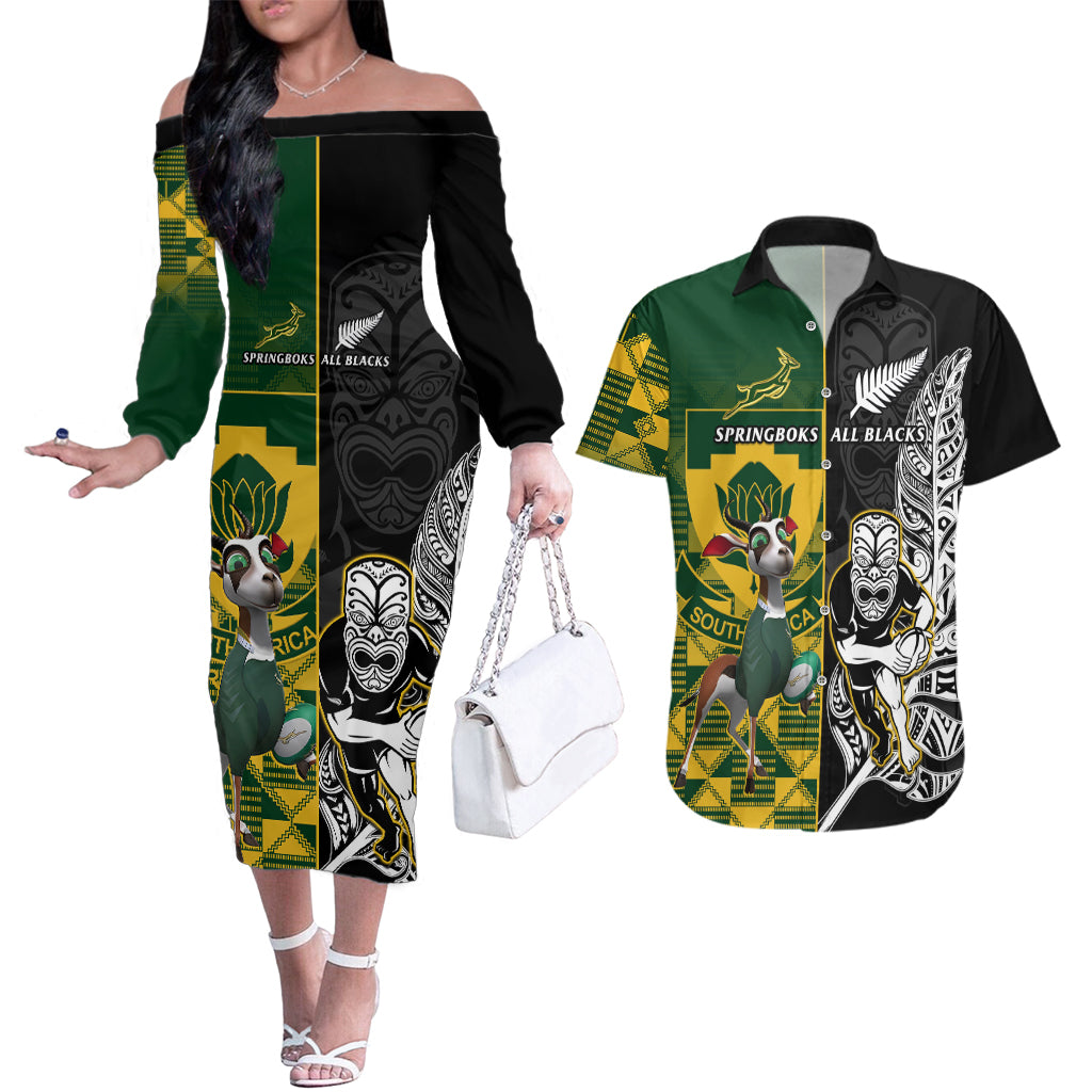 South Africa And Aotearoa Rugby Couples Matching Off The Shoulder Long Sleeve Dress and Hawaiian Shirt 2023 Springboks Kente Combine All Black Maori Fern - Wonder Print Shop