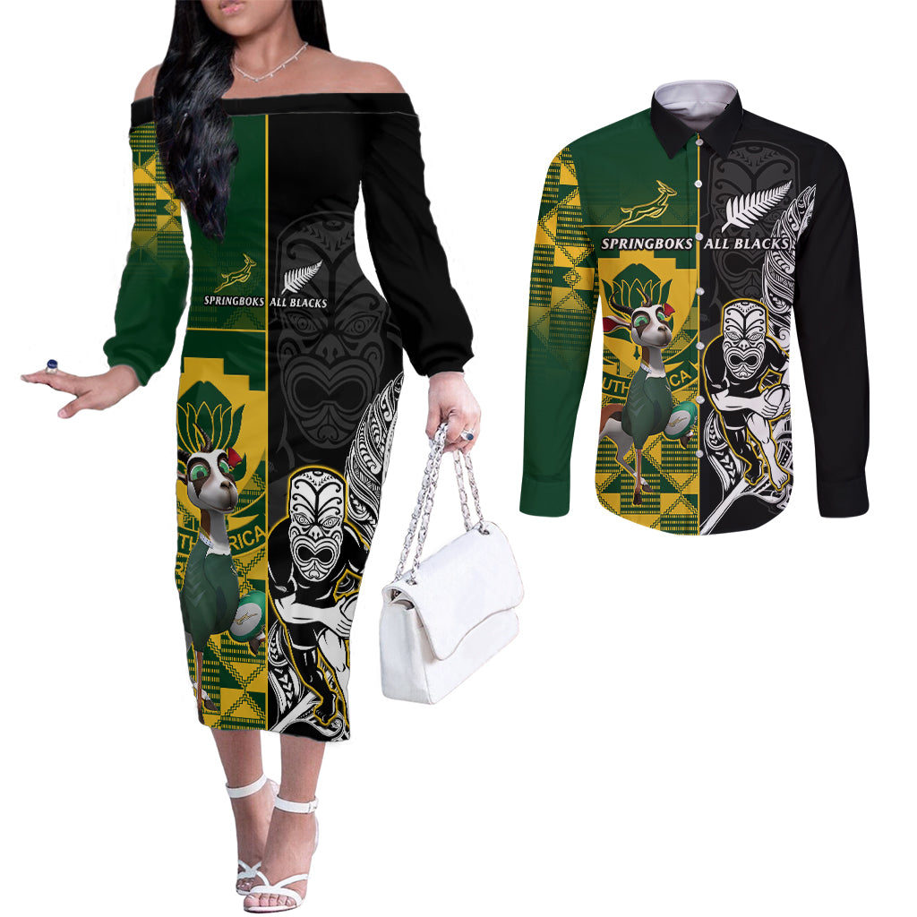 south-africa-and-aotearoa-rugby-couples-matching-off-the-shoulder-long-sleeve-dress-and-long-sleeve-button-shirts-2023-springboks-kente-combine-all-black-maori-fern