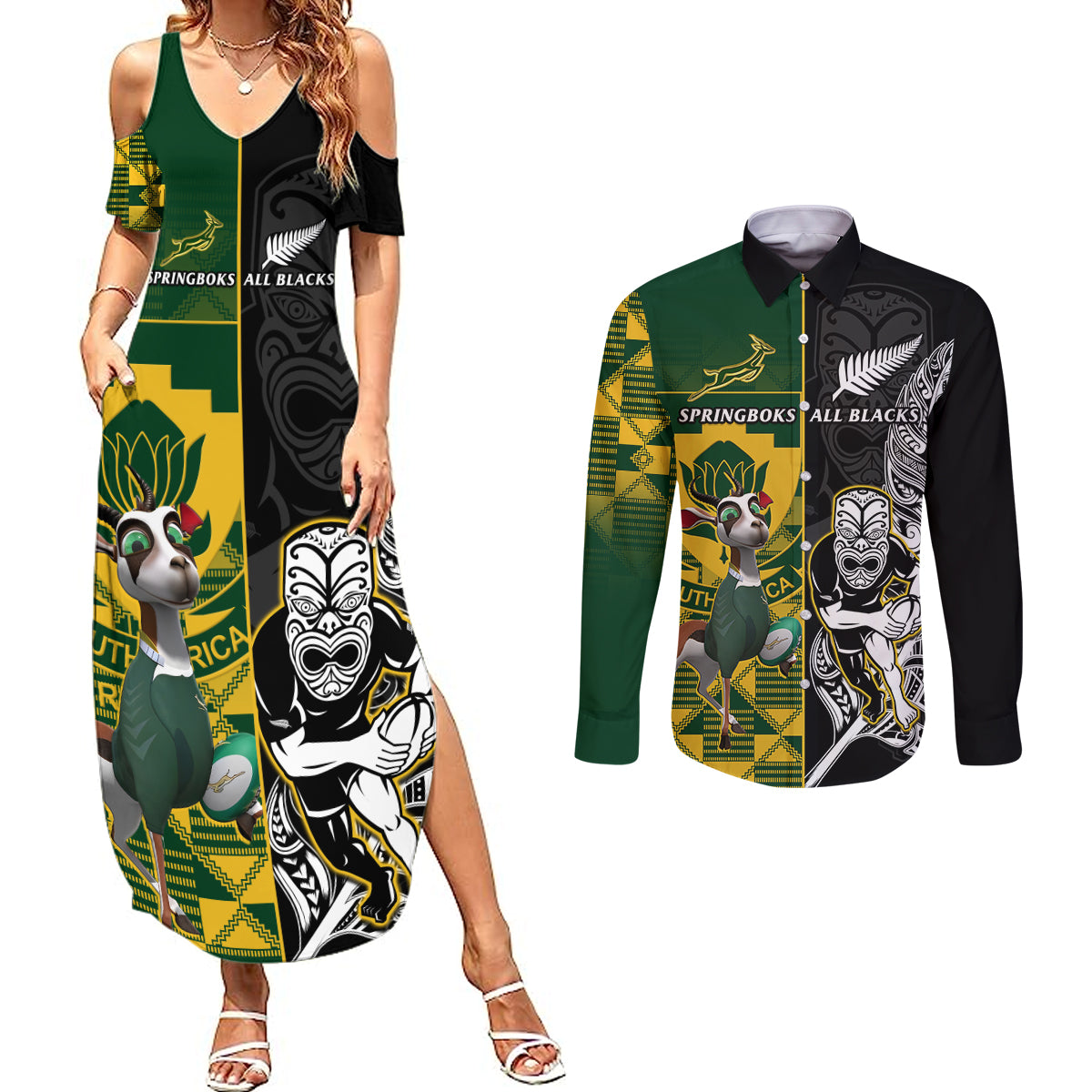 South Africa And Aotearoa Rugby Couples Matching Summer Maxi Dress and Long Sleeve Button Shirts 2023 Springboks Kente Combine All Black Maori Fern - Wonder Print Shop