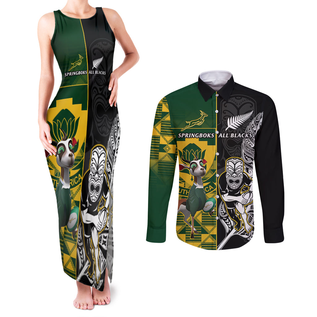 South Africa And Aotearoa Rugby Couples Matching Tank Maxi Dress and Long Sleeve Button Shirts 2023 Springboks Kente Combine All Black Maori Fern - Wonder Print Shop