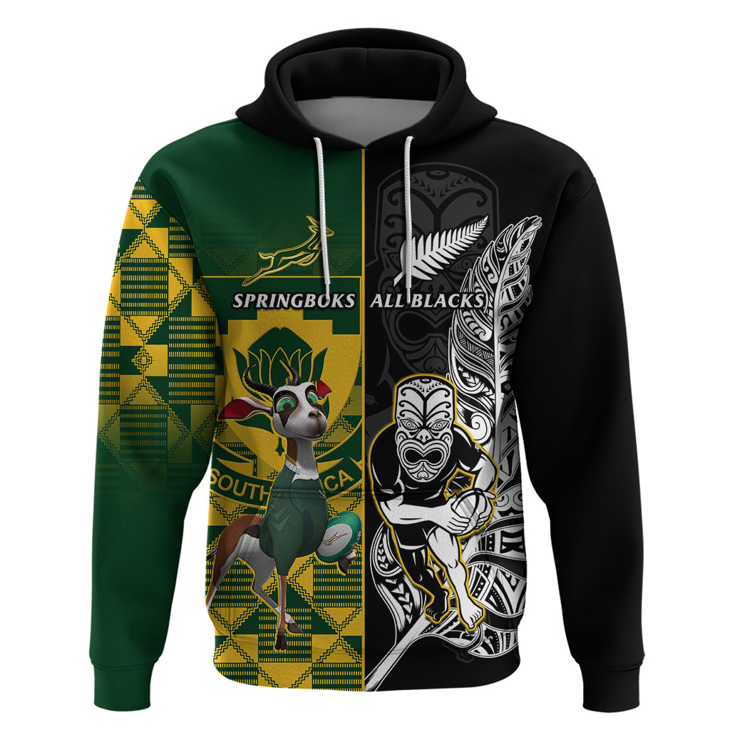 South Africa And Aotearoa Rugby Hoodie 2023 Springboks Kente Combine All Black Maori Fern - Wonder Print Shop