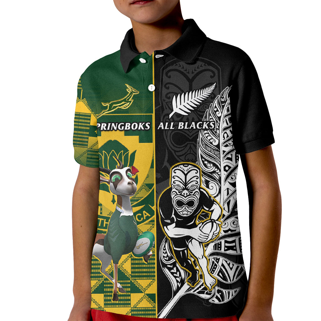 South Africa And Aotearoa Rugby Kid Polo Shirt 2023 Springboks Kente Combine All Black Maori Fern - Wonder Print Shop