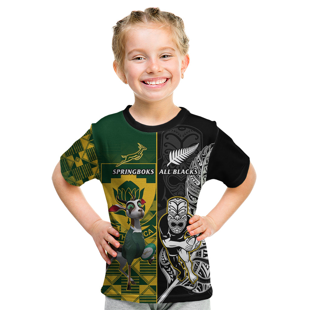 South Africa And Aotearoa Rugby Kid T Shirt 2023 Springboks Kente Combine All Black Maori Fern - Wonder Print Shop