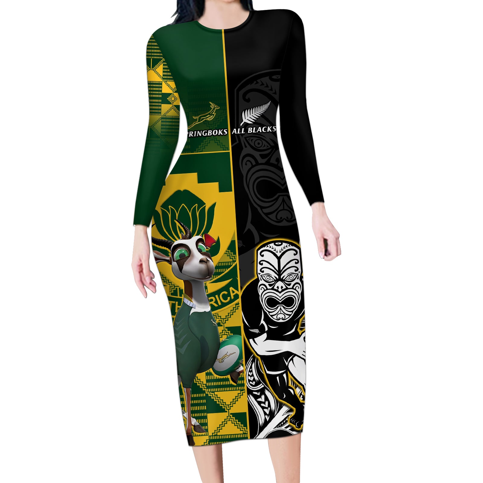 South Africa And Aotearoa Rugby Long Sleeve Bodycon Dress 2023 Springboks Kente Combine All Black Maori Fern - Wonder Print Shop