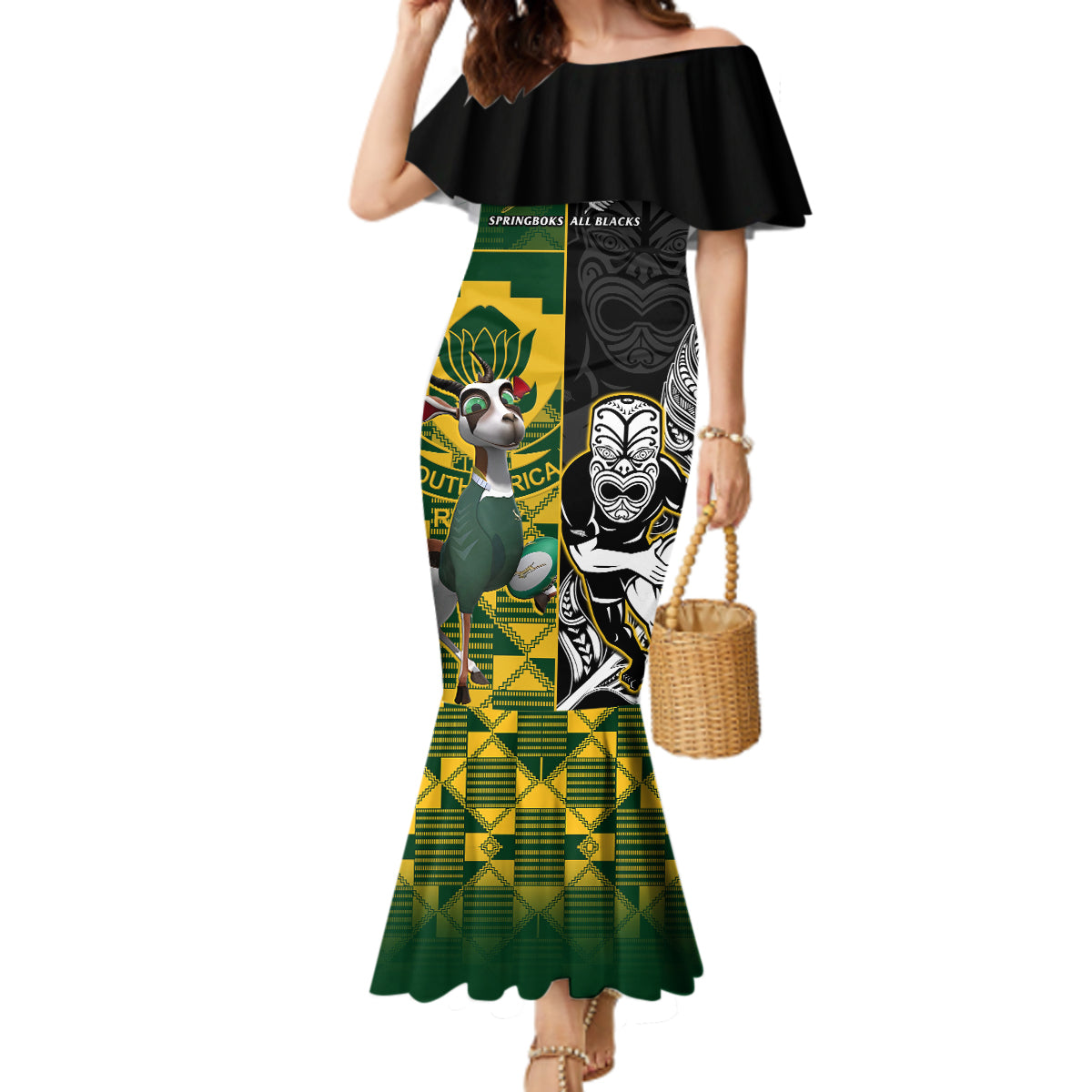 South Africa And Aotearoa Rugby Mermaid Dress 2023 Springboks Kente Combine All Black Maori Fern - Wonder Print Shop