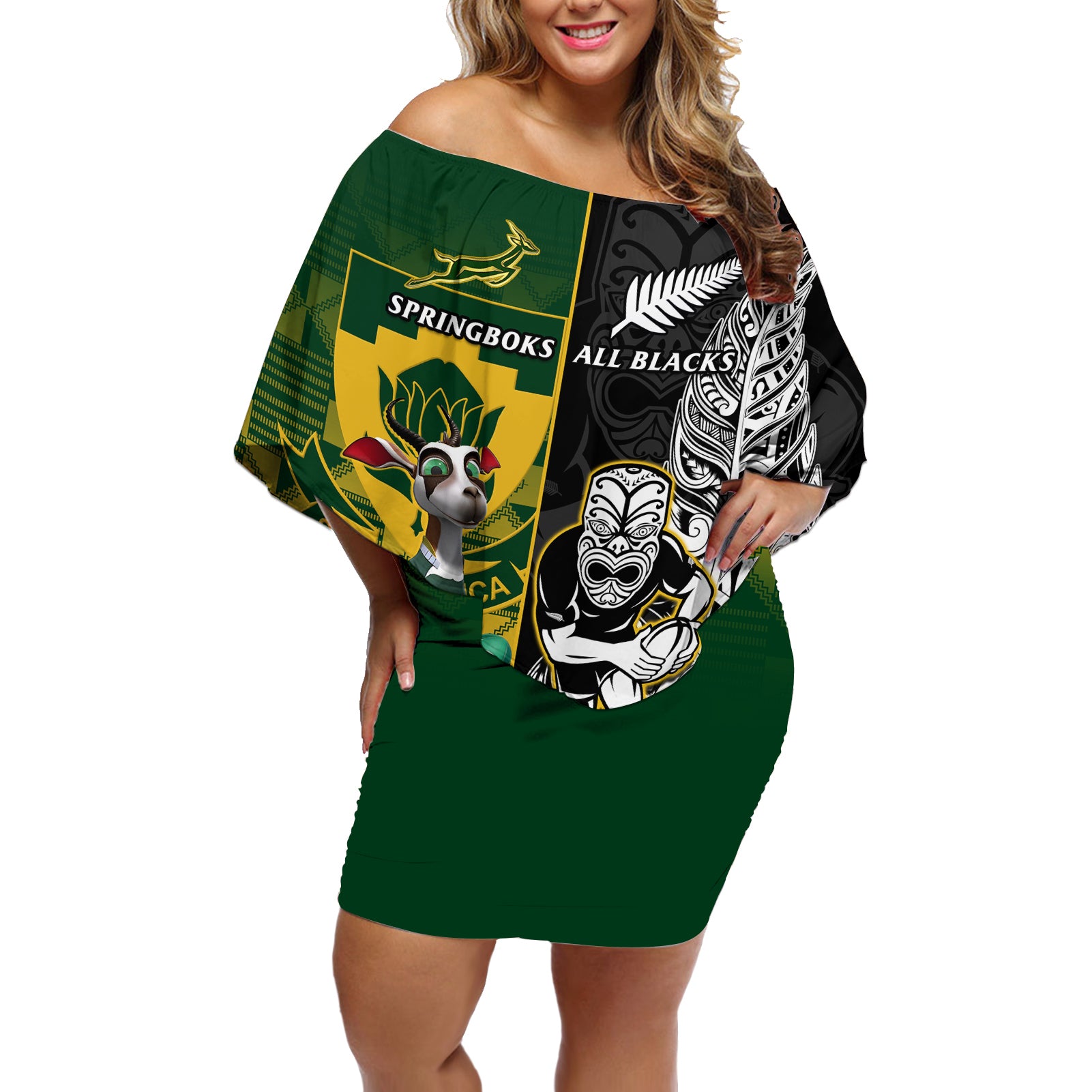 South Africa And Aotearoa Rugby Off Shoulder Short Dress 2023 Springboks Kente Combine All Black Maori Fern - Wonder Print Shop