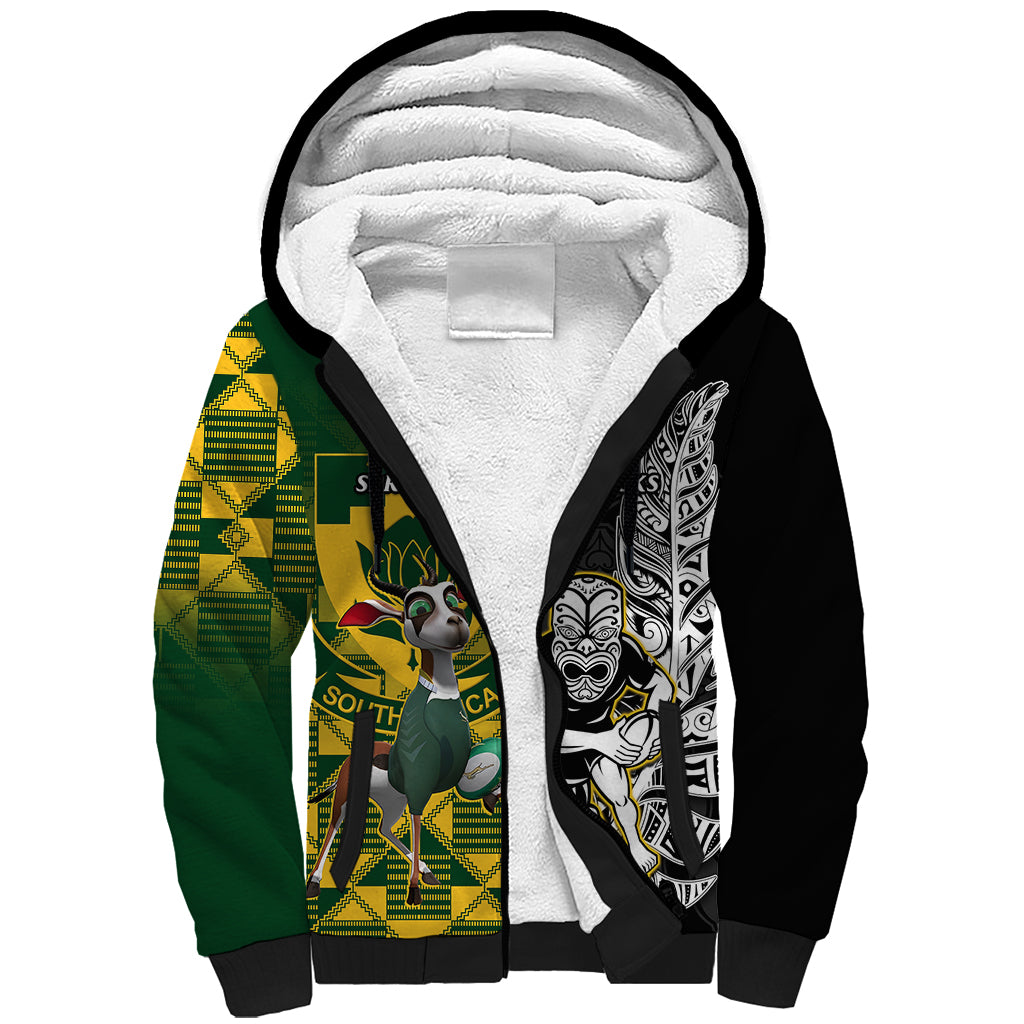 South Africa And Aotearoa Rugby Sherpa Hoodie 2023 Springboks Kente Combine All Black Maori Fern - Wonder Print Shop