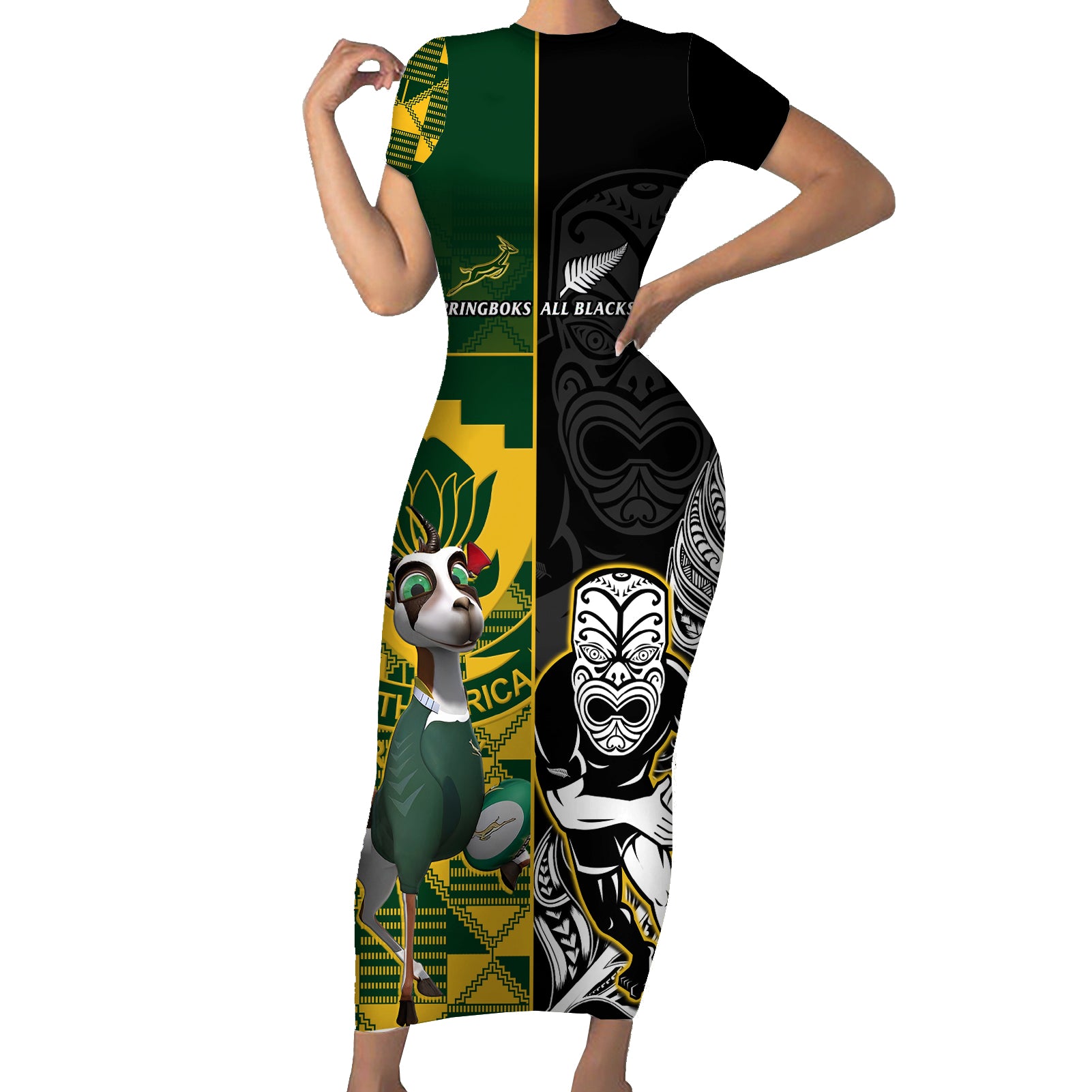 south-africa-and-aotearoa-rugby-short-sleeve-bodycon-dress-2023-springboks-kente-combine-all-black-maori-fern