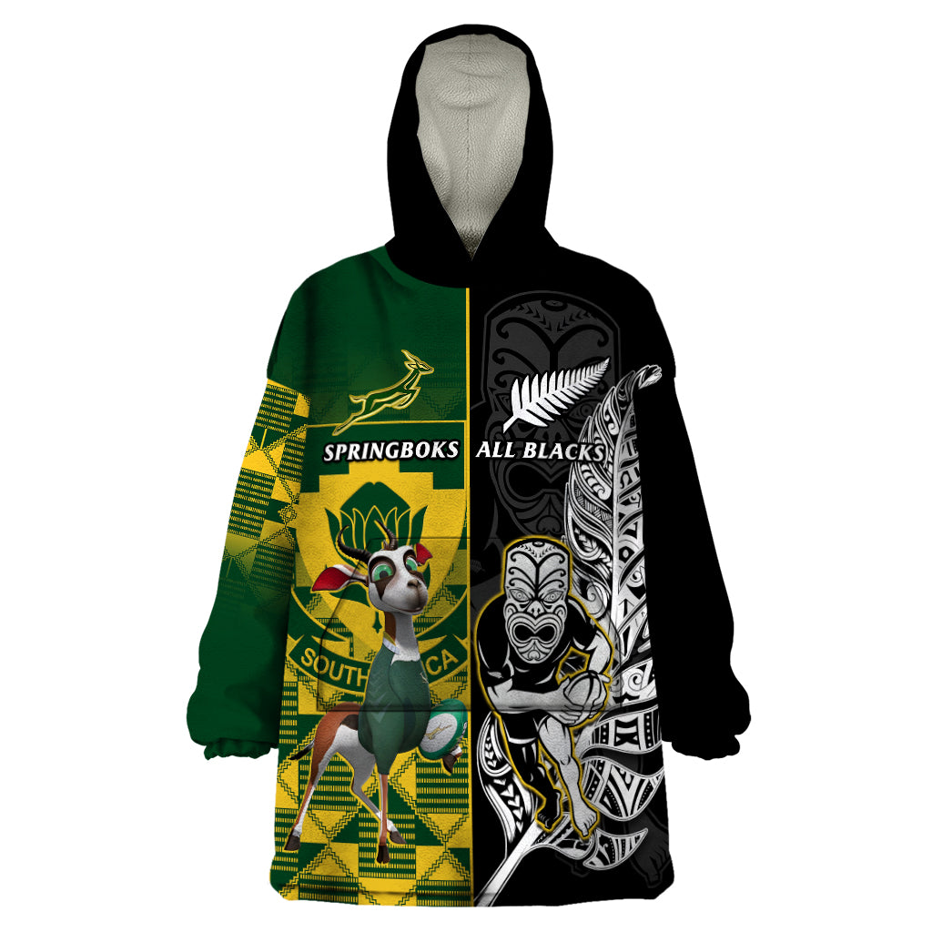 South Africa And Aotearoa Rugby Wearable Blanket Hoodie 2023 Springboks Kente Combine All Black Maori Fern - Wonder Print Shop