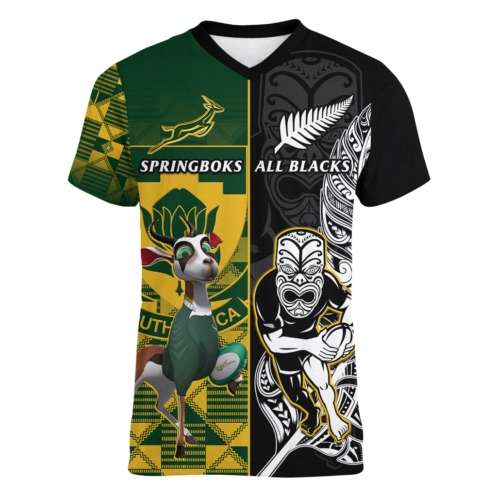 South Africa And Aotearoa Rugby Women V Neck T Shirt 2023 Springboks Kente Combine All Black Maori Fern - Wonder Print Shop