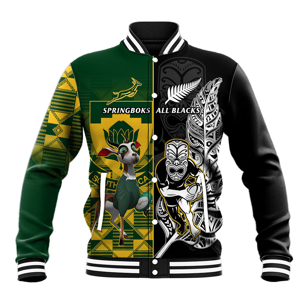 Black and green baseball jacket with button front, striped collar, bold front graphics