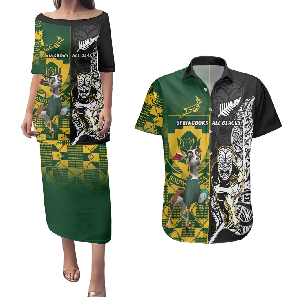 Custom South Africa And Aotearoa Rugby Couples Matching Puletasi Dress and Hawaiian Shirt 2023 Springboks Kente Combine All Black Maori Fern - Wonder Print Shop