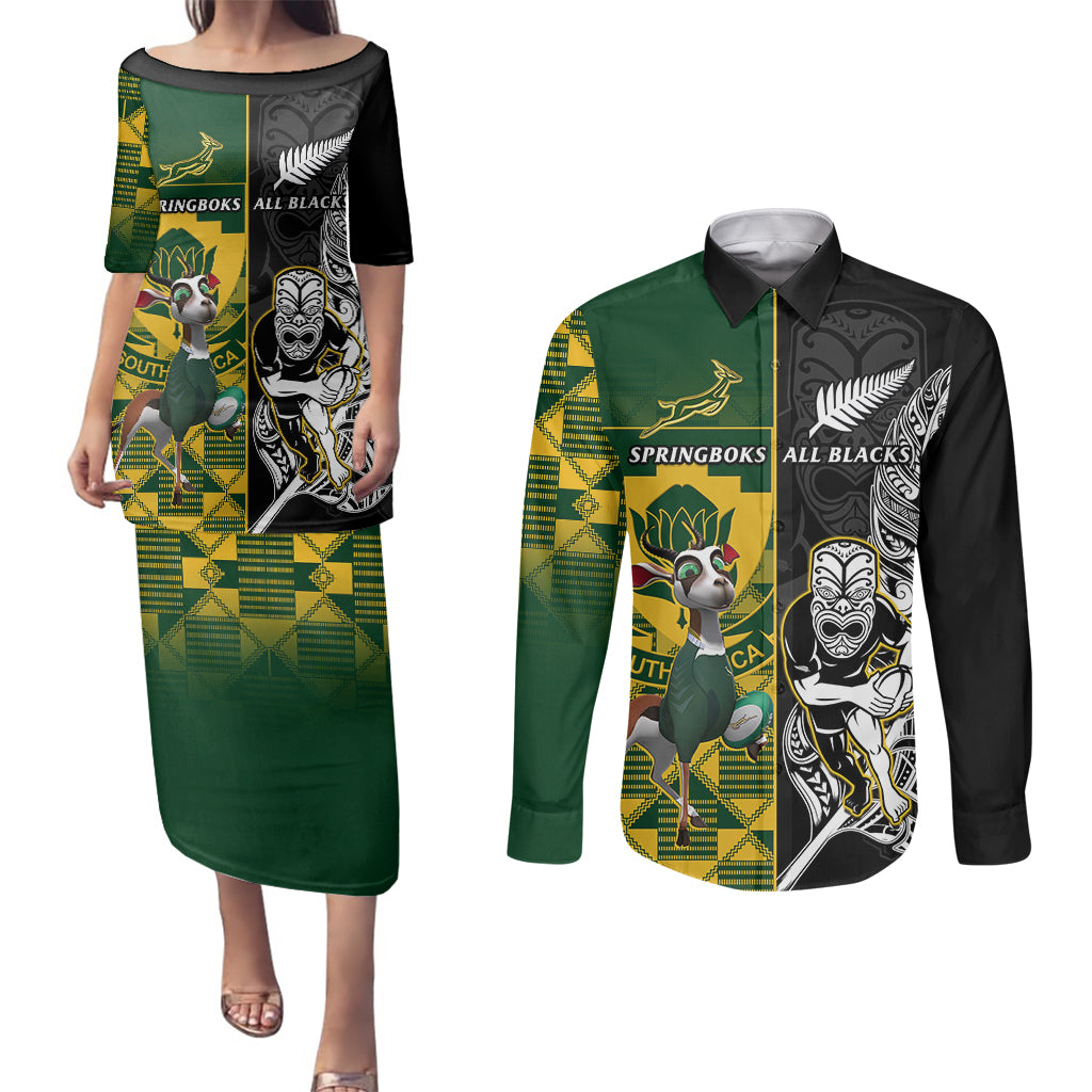 Custom South Africa And Aotearoa Rugby Couples Matching Puletasi Dress and Long Sleeve Button Shirts 2023 Springboks Kente Combine All Black Maori Fern - Wonder Print Shop