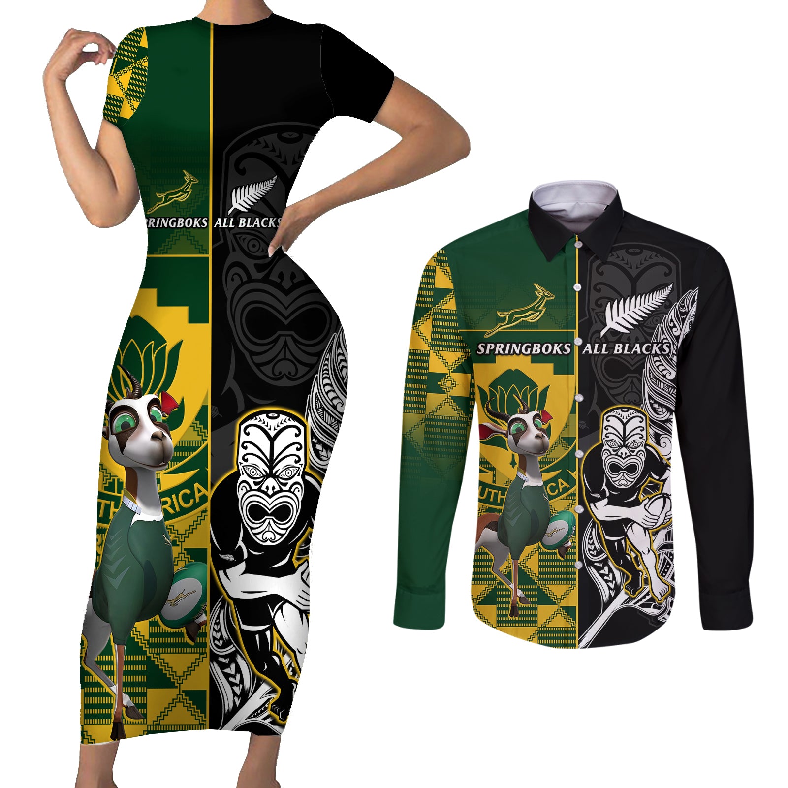 Custom South Africa And Aotearoa Rugby Couples Matching Short Sleeve Bodycon Dress and Long Sleeve Button Shirts 2023 Springboks Kente Combine All Black Maori Fern - Wonder Print Shop