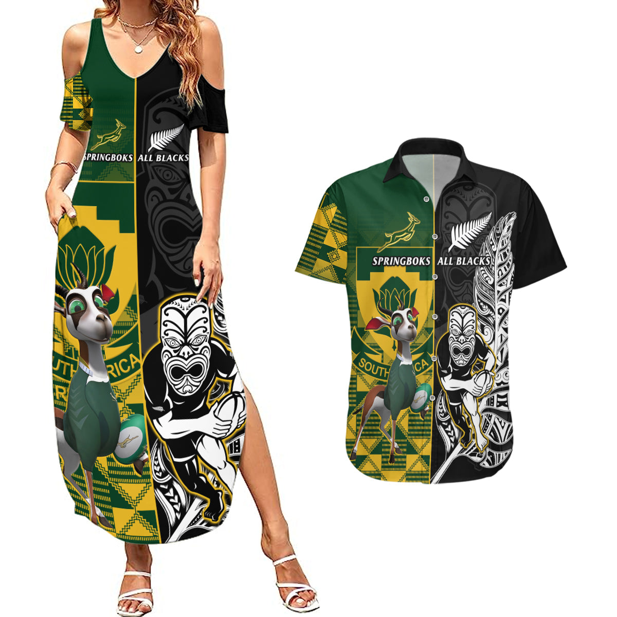 Custom South Africa And Aotearoa Rugby Couples Matching Summer Maxi Dress and Hawaiian Shirt 2023 Springboks Kente Combine All Black Maori Fern - Wonder Print Shop