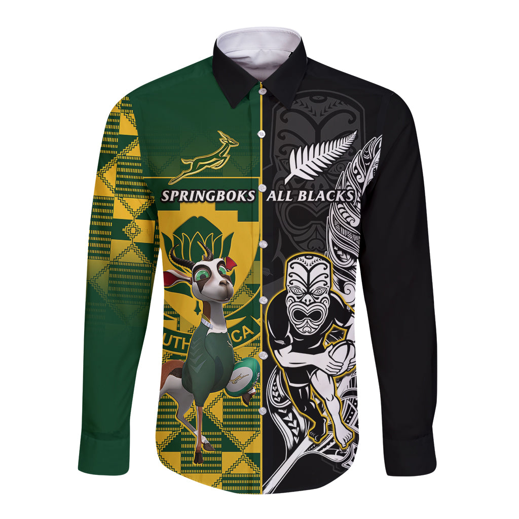 Black and green long-sleeve rugby button-up with bold tribal graphic front