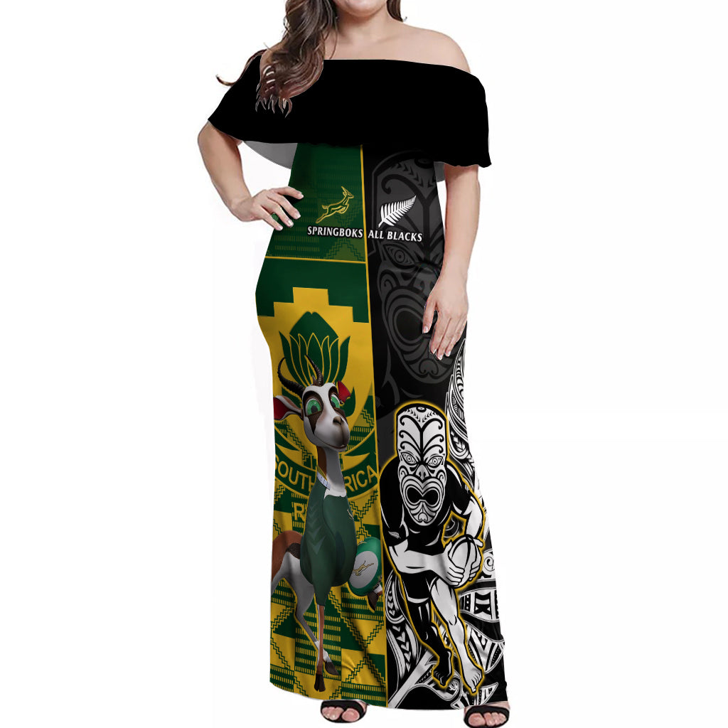 Custom South Africa And Aotearoa Rugby Off Shoulder Maxi Dress 2023 Springboks Kente Combine All Black Maori Fern - Wonder Print Shop