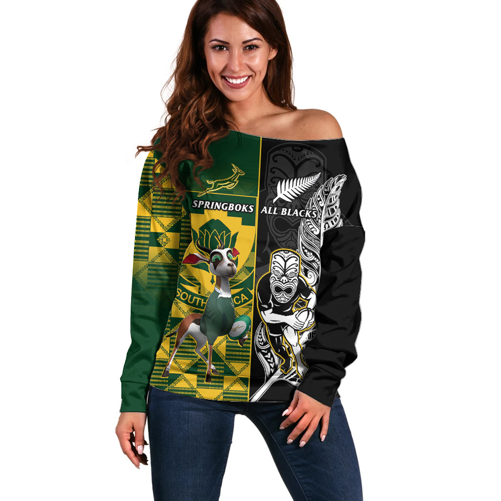 Custom South Africa And Aotearoa Rugby Off Shoulder Sweater 2023 Springboks Kente Combine All Black Maori Fern - Wonder Print Shop