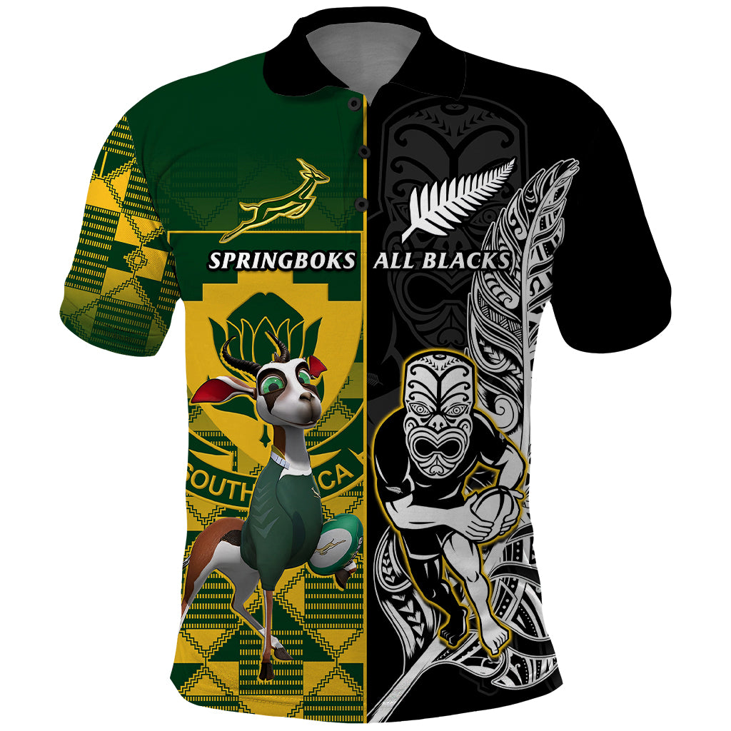 Custom South Africa And Aotearoa Rugby Polo Shirt 2023 Springboks Kente Combine All Black Maori Fern - Wonder Print Shop