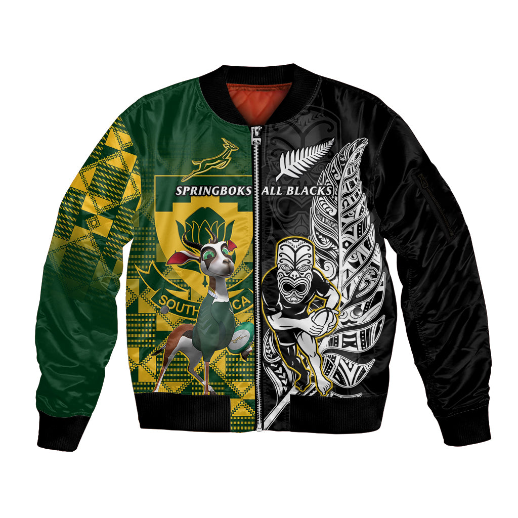 Custom South Africa And Aotearoa Rugby Sleeve Zip Bomber Jacket 2023 Springboks Kente Combine All Black Maori Fern - Wonder Print Shop