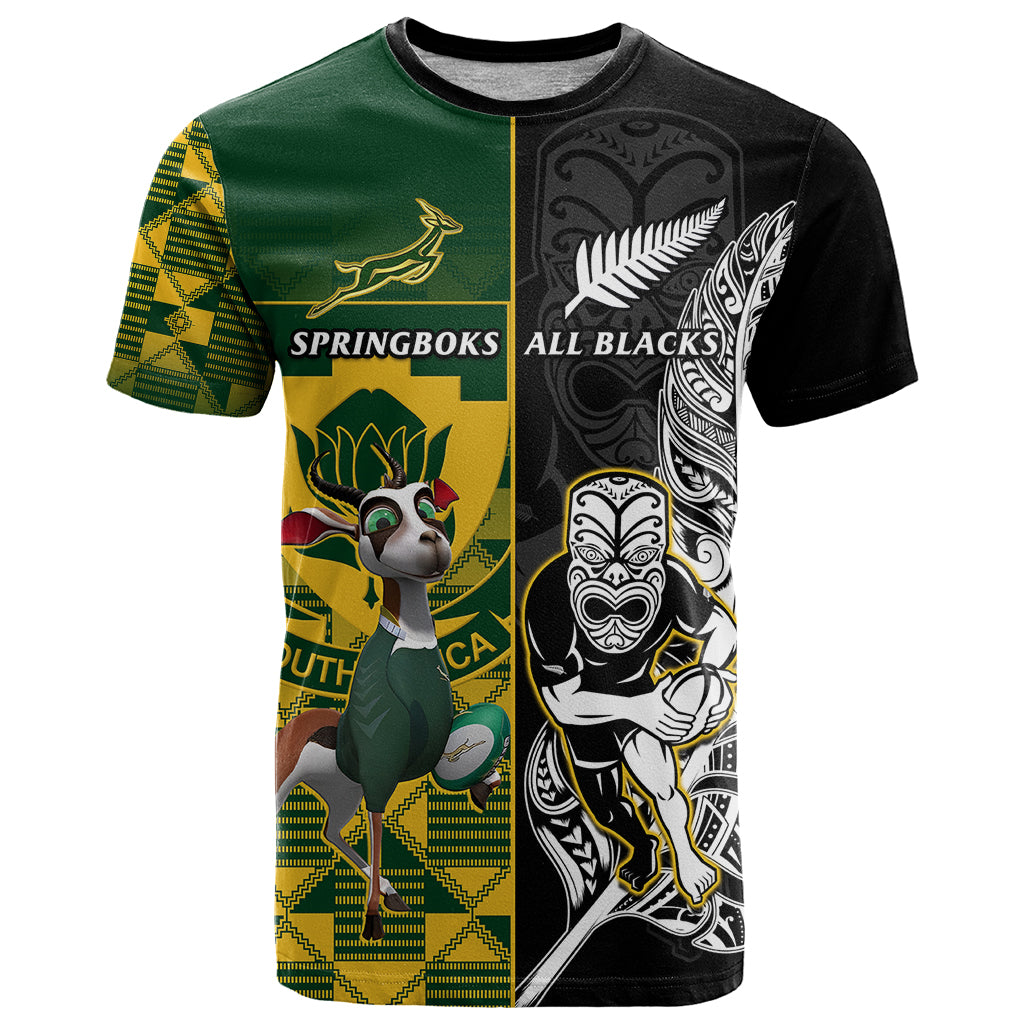 Custom South Africa And Aotearoa Rugby T Shirt 2023 Springboks Kente Combine All Black Maori Fern - Wonder Print Shop