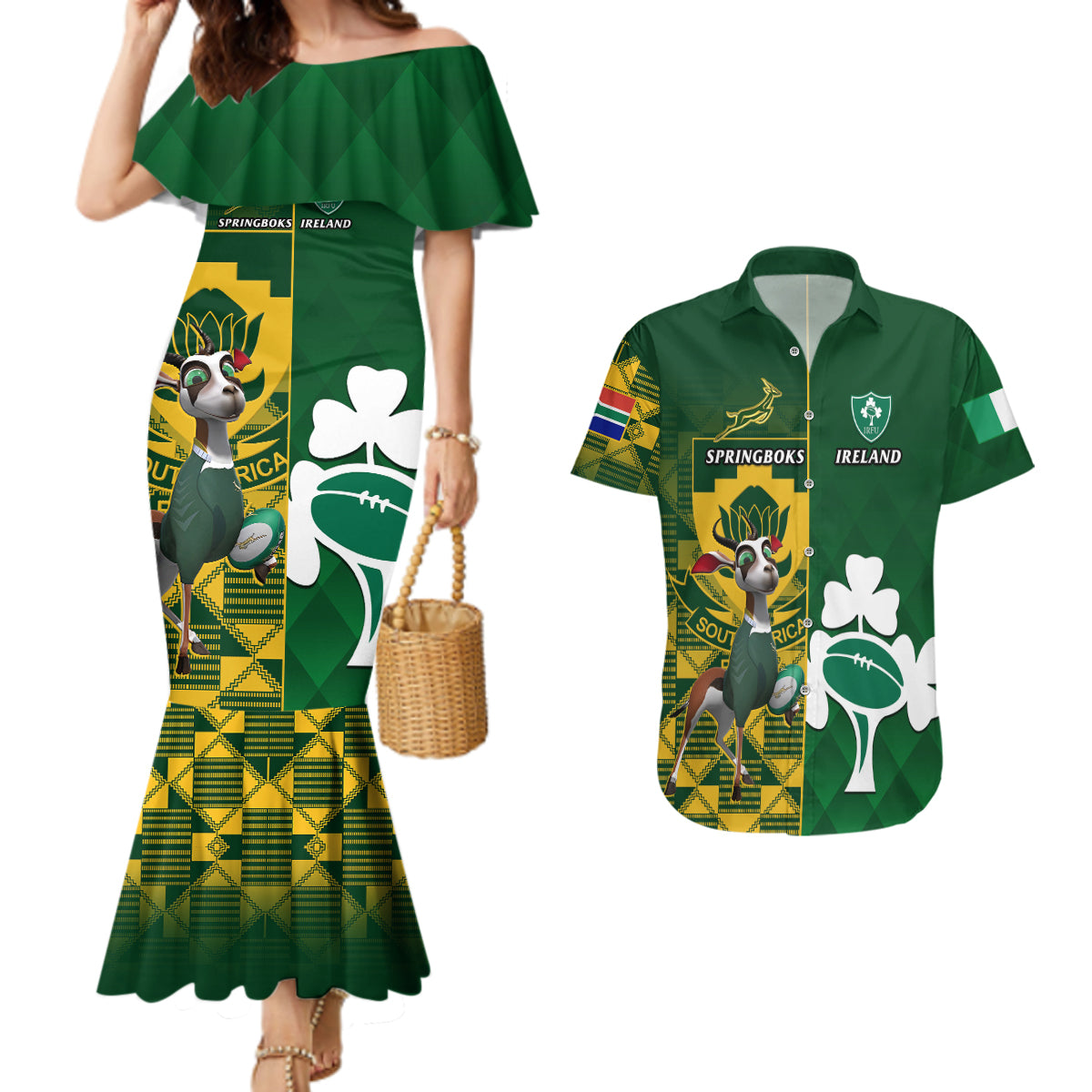 South Africa And Ireland Rugby Couples Matching Mermaid Dress and Hawaiian Shirt 2023 World Cup Springboks Shamrocks Together - Wonder Print Shop