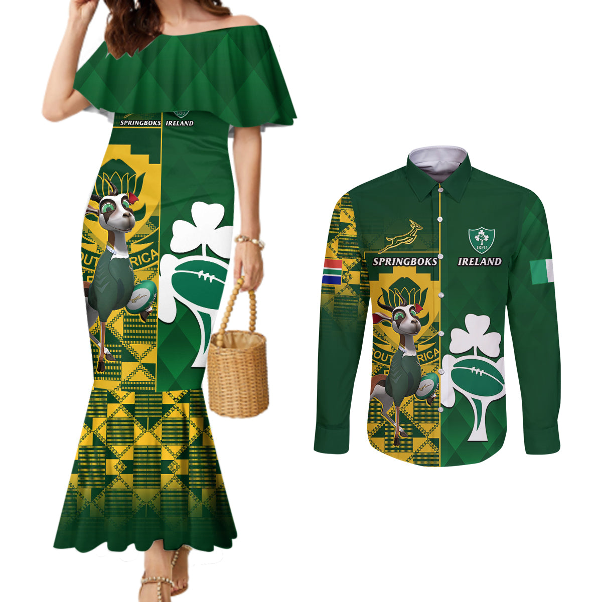 south-africa-and-ireland-rugby-couples-matching-mermaid-dress-and-long-sleeve-button-shirts-2023-world-cup-springboks-shamrocks-together