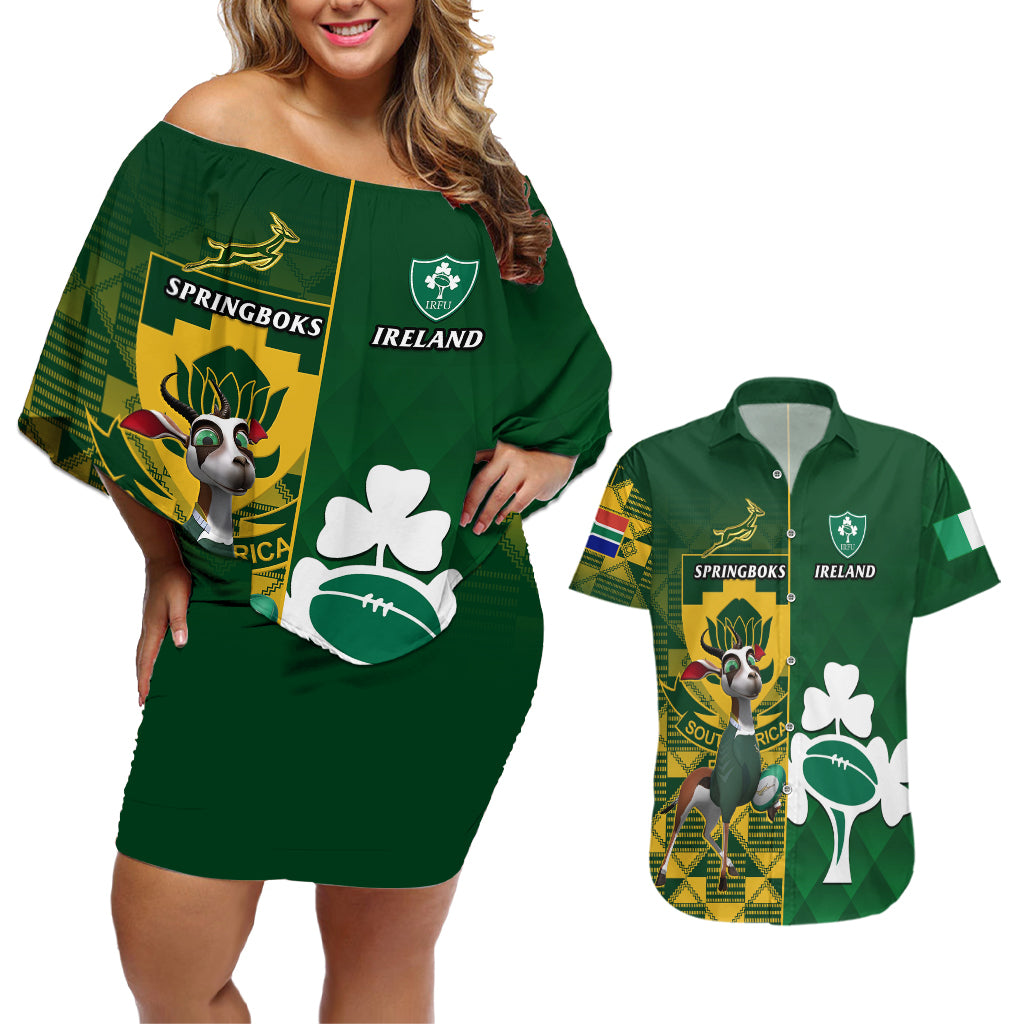 South Africa And Ireland Rugby Couples Matching Off Shoulder Short Dress and Hawaiian Shirt 2023 World Cup Springboks Shamrocks Together - Wonder Print Shop