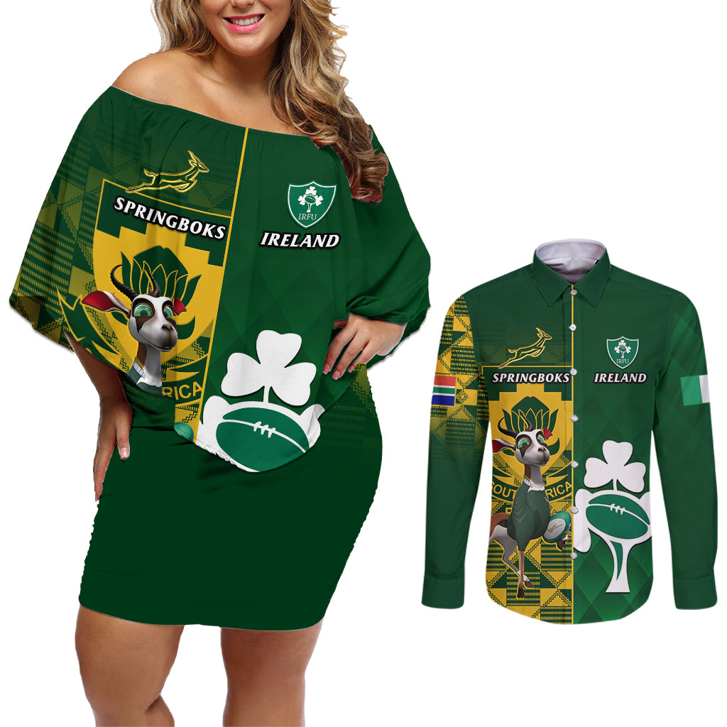 South Africa And Ireland Rugby Couples Matching Off Shoulder Short Dress and Long Sleeve Button Shirts 2023 World Cup Springboks Shamrocks Together - Wonder Print Shop