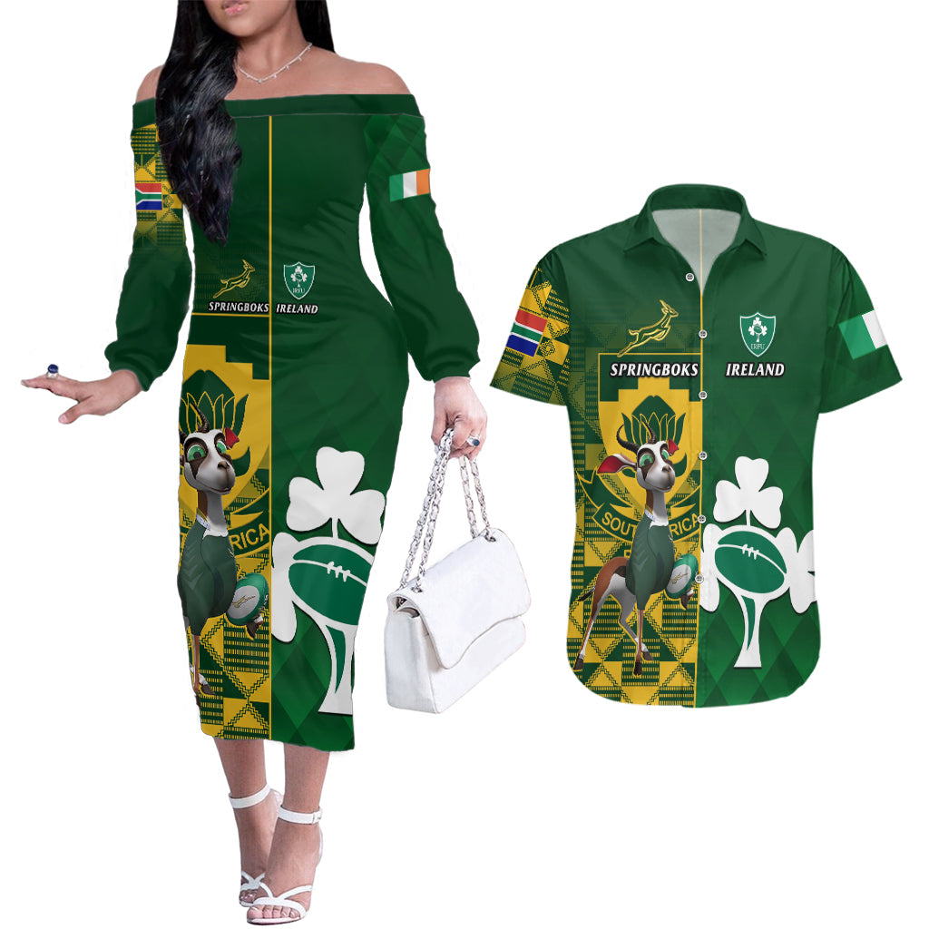 South Africa And Ireland Rugby Couples Matching Off The Shoulder Long Sleeve Dress and Hawaiian Shirt 2023 World Cup Springboks Shamrocks Together - Wonder Print Shop