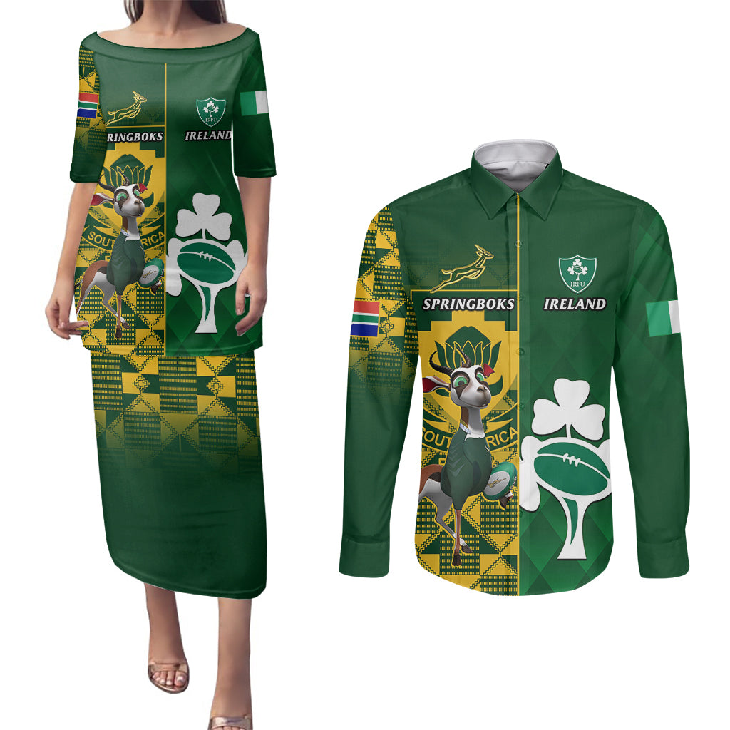 South Africa And Ireland Rugby Couples Matching Puletasi Dress and Long Sleeve Button Shirts 2023 World Cup Springboks Shamrocks Together - Wonder Print Shop