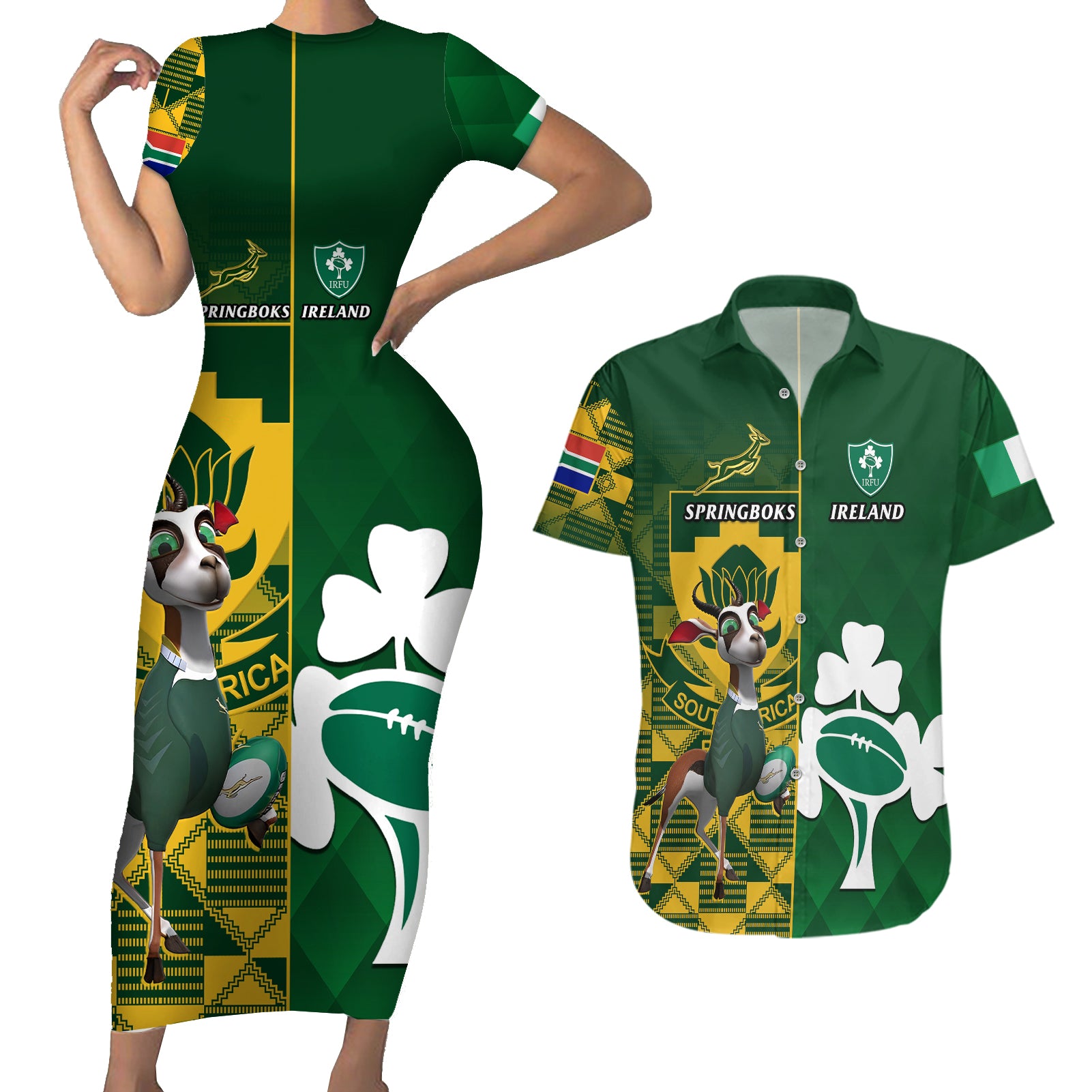 South Africa And Ireland Rugby Couples Matching Short Sleeve Bodycon Dress and Hawaiian Shirt 2023 World Cup Springboks Shamrocks Together - Wonder Print Shop