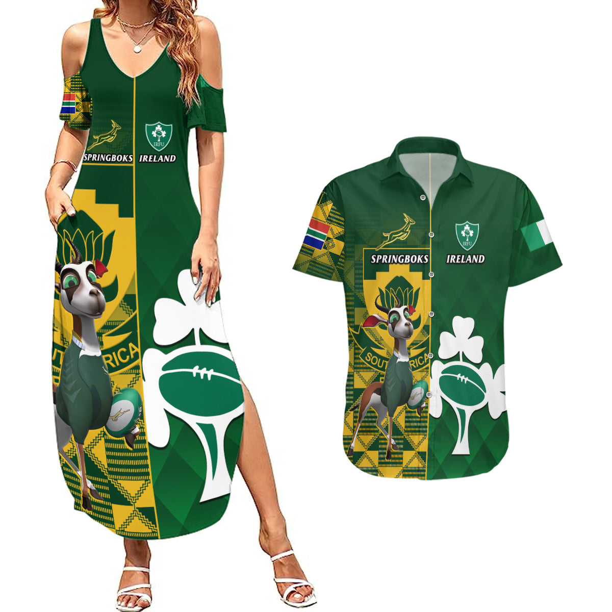 South Africa And Ireland Rugby Couples Matching Summer Maxi Dress and Hawaiian Shirt 2023 World Cup Springboks Shamrocks Together - Wonder Print Shop