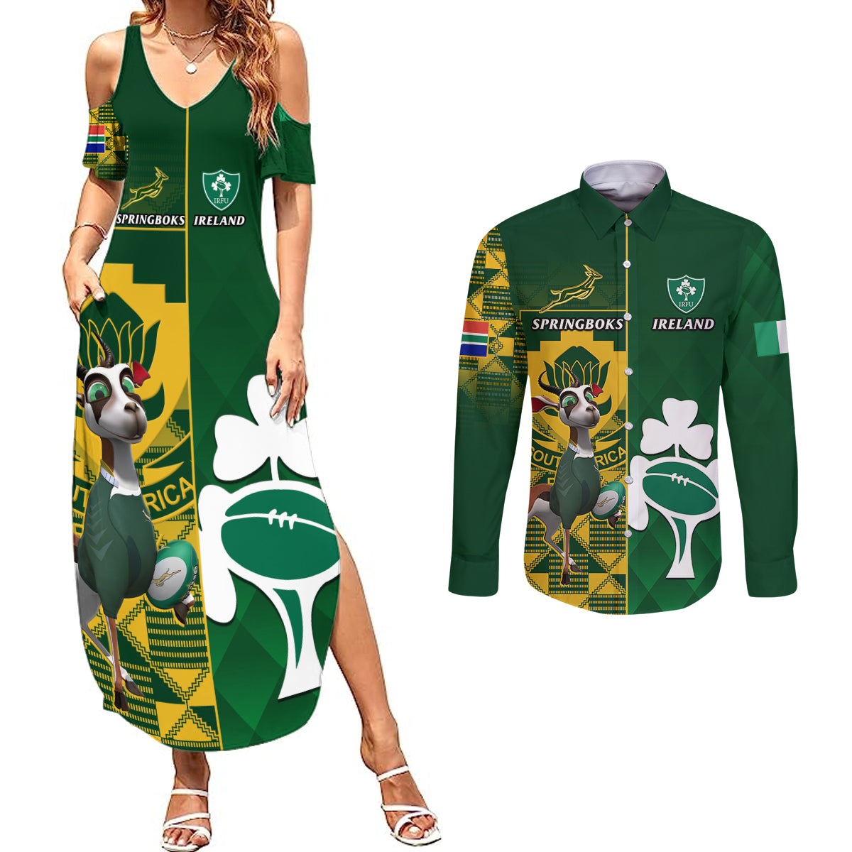 South Africa And Ireland Rugby Couples Matching Summer Maxi Dress and Long Sleeve Button Shirts 2023 World Cup Springboks Shamrocks Together - Wonder Print Shop