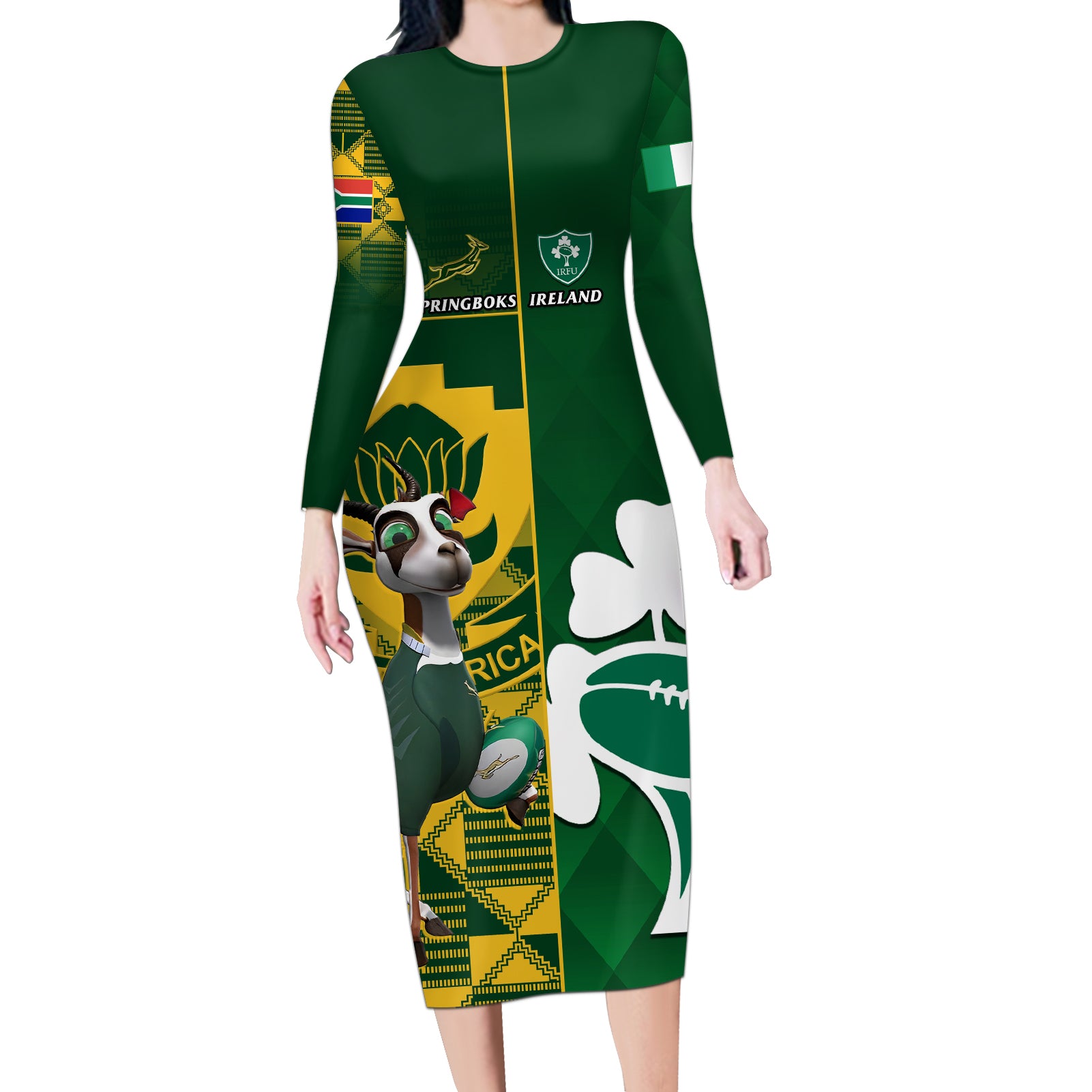 South Africa And Ireland Rugby Long Sleeve Bodycon Dress 2023 World Cup Springboks Shamrocks Together - Wonder Print Shop