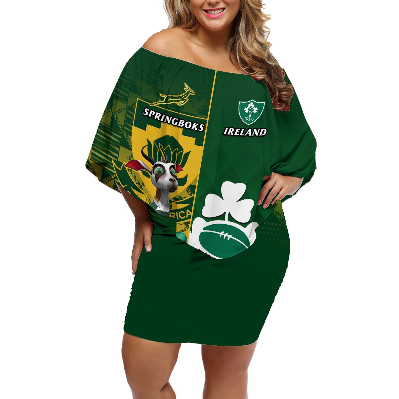 South Africa And Ireland Rugby Off Shoulder Short Dress 2023 World Cup Springboks Shamrocks Together - Wonder Print Shop