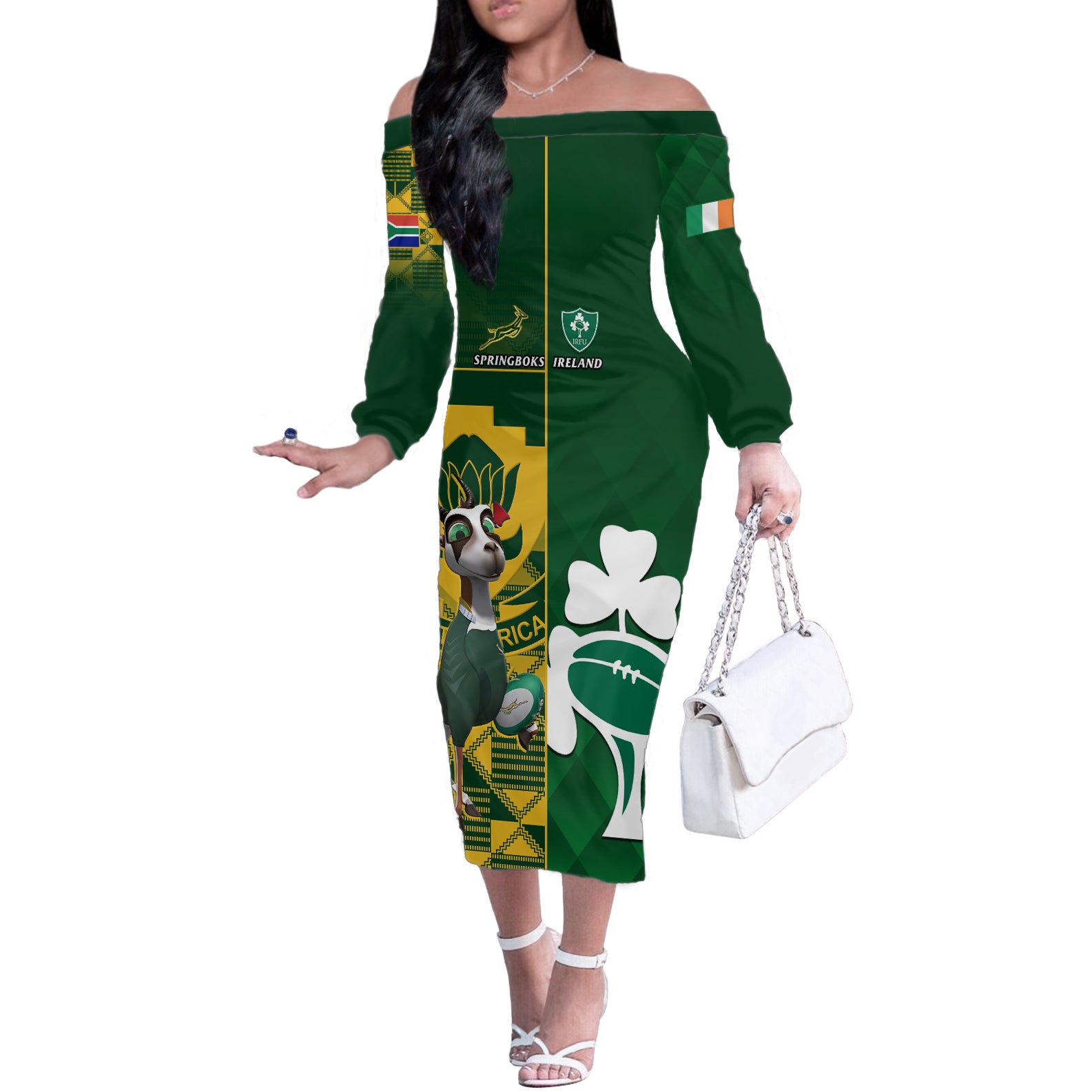 South Africa And Ireland Rugby Off The Shoulder Long Sleeve Dress 2023 World Cup Springboks Shamrocks Together - Wonder Print Shop