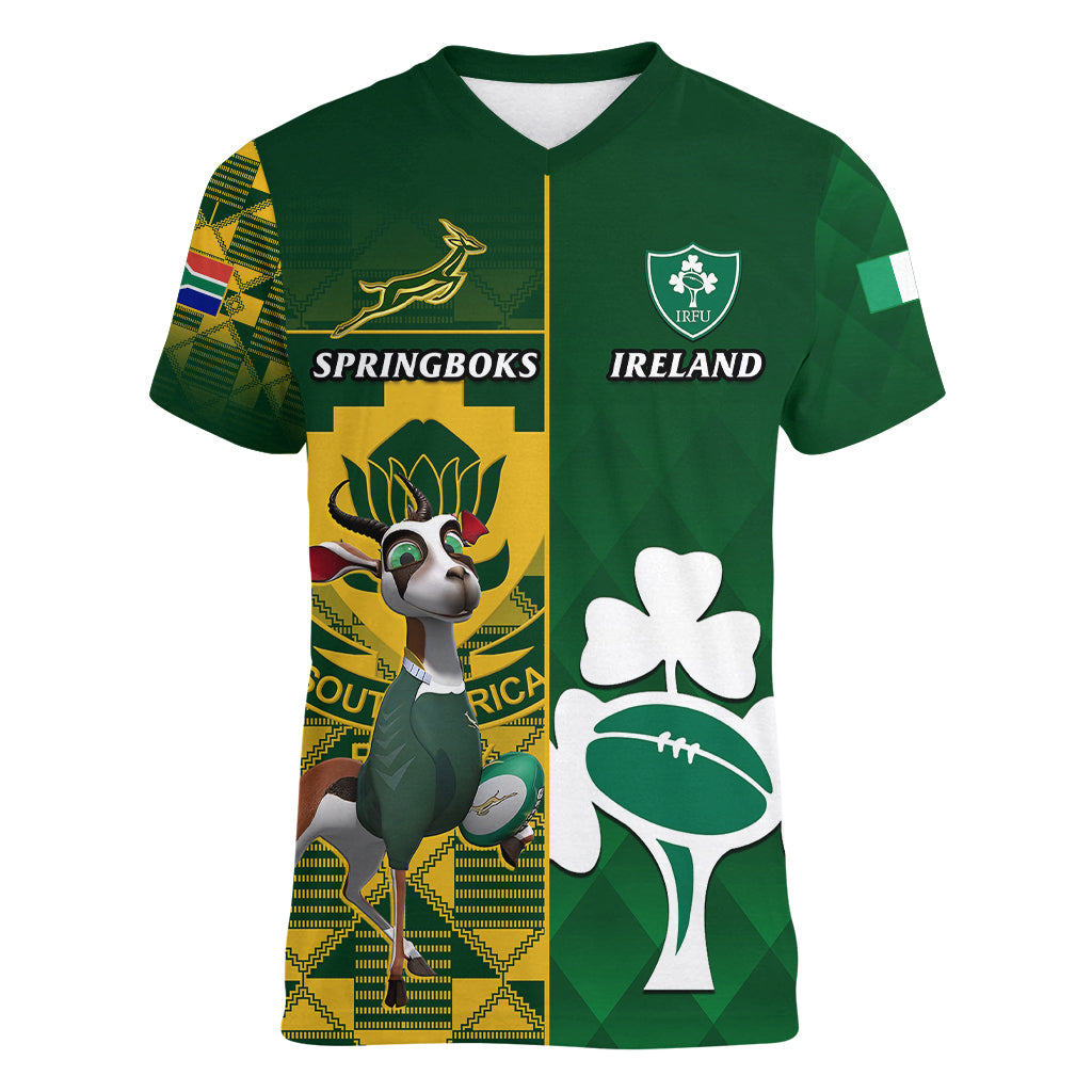 south-africa-and-ireland-rugby-women-v-neck-t-shirt-2023-world-cup-springboks-shamrocks-together