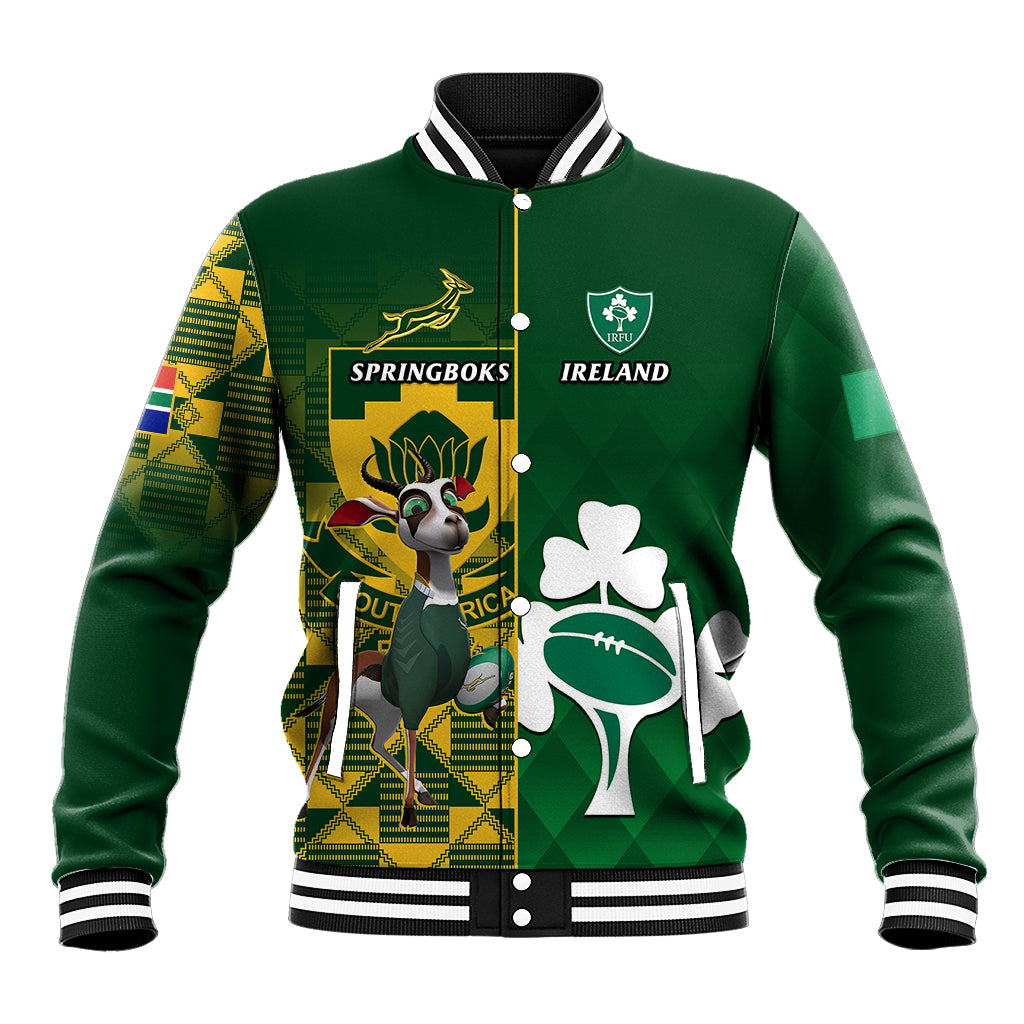 Green rugby baseball jacket with striped collar, button front, team crests and mascots