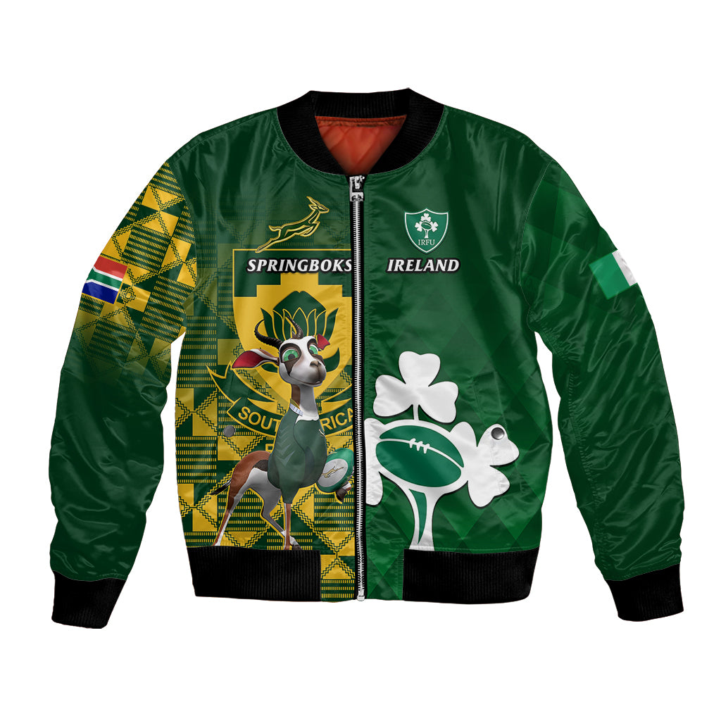 Green bomber jacket, full-zip front, Springboks & Ireland crests with shamrock art