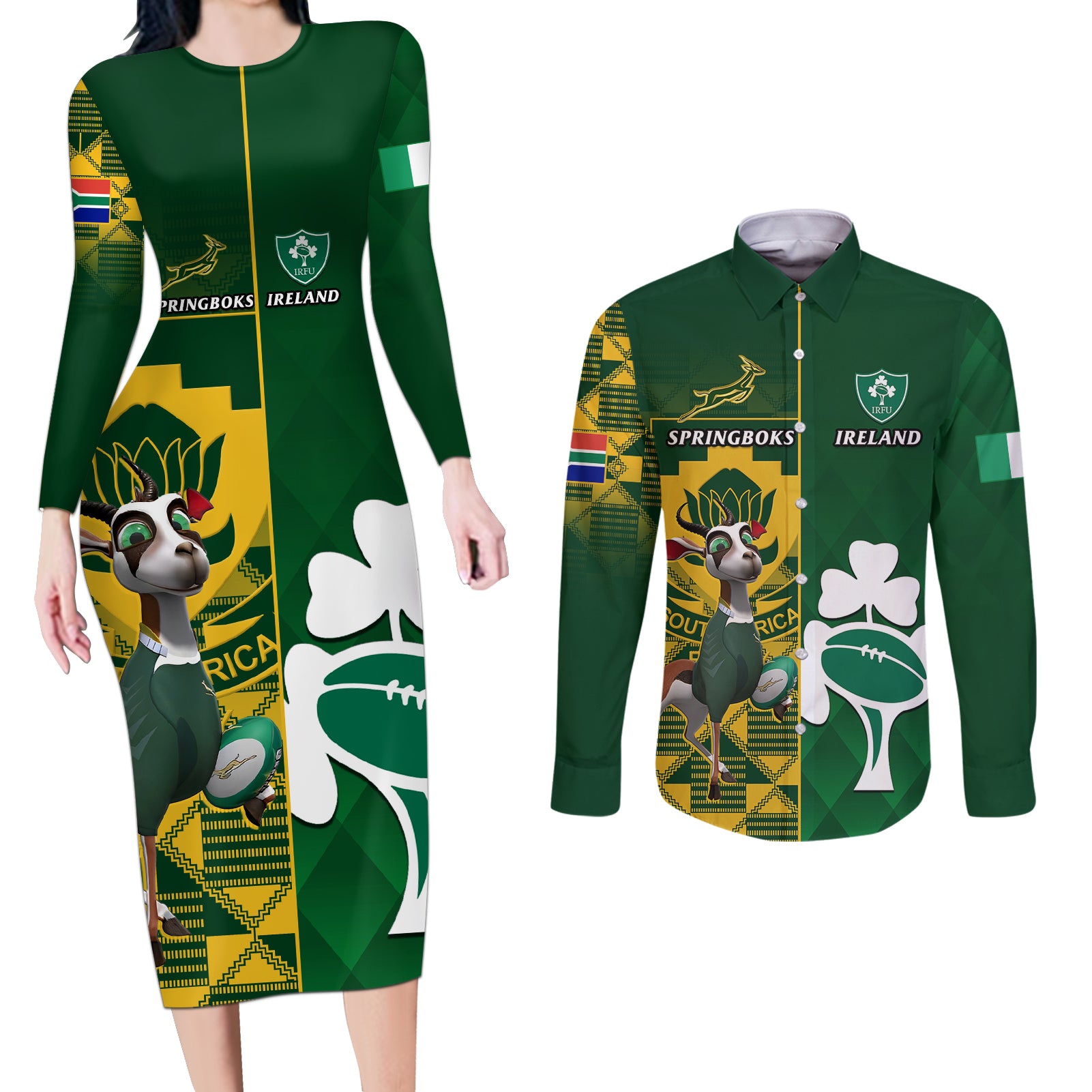 Custom South Africa And Ireland Rugby Couples Matching Long Sleeve Bodycon Dress and Long Sleeve Button Shirts 2023 World Cup Springboks Shamrocks Together - Wonder Print Shop