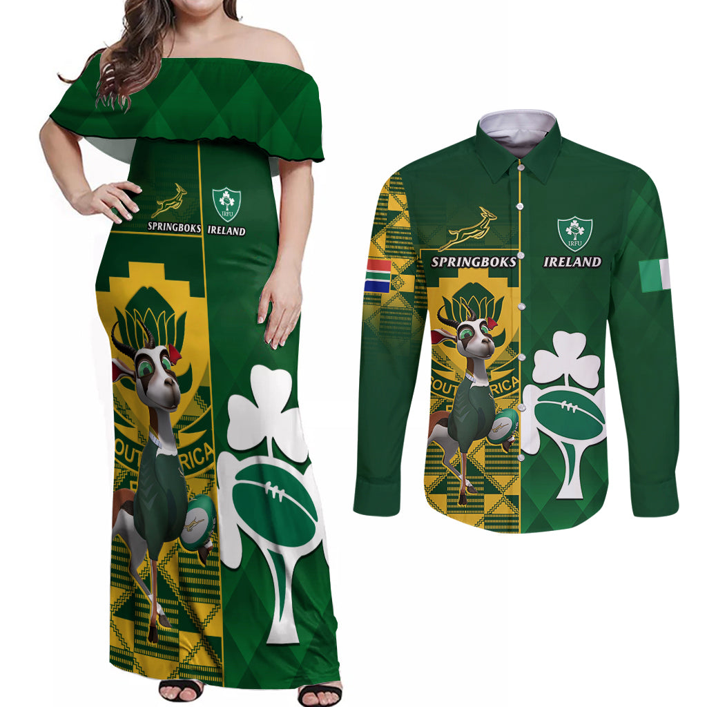 Custom South Africa And Ireland Rugby Couples Matching Off Shoulder Maxi Dress and Long Sleeve Button Shirts 2023 World Cup Springboks Shamrocks Together - Wonder Print Shop