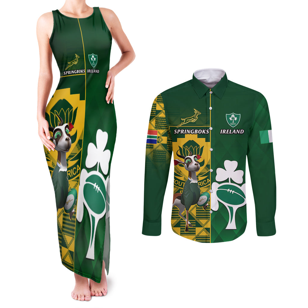 Custom South Africa And Ireland Rugby Couples Matching Tank Maxi Dress and Long Sleeve Button Shirts 2023 World Cup Springboks Shamrocks Together - Wonder Print Shop