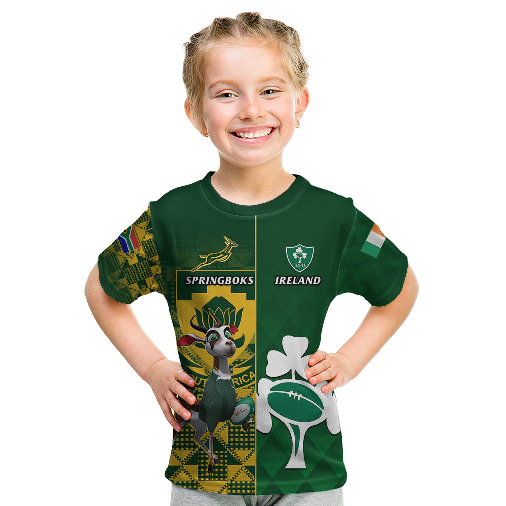 Custom South Africa And Ireland Rugby Kid T Shirt 2023 World Cup Springboks Shamrocks Together - Wonder Print Shop