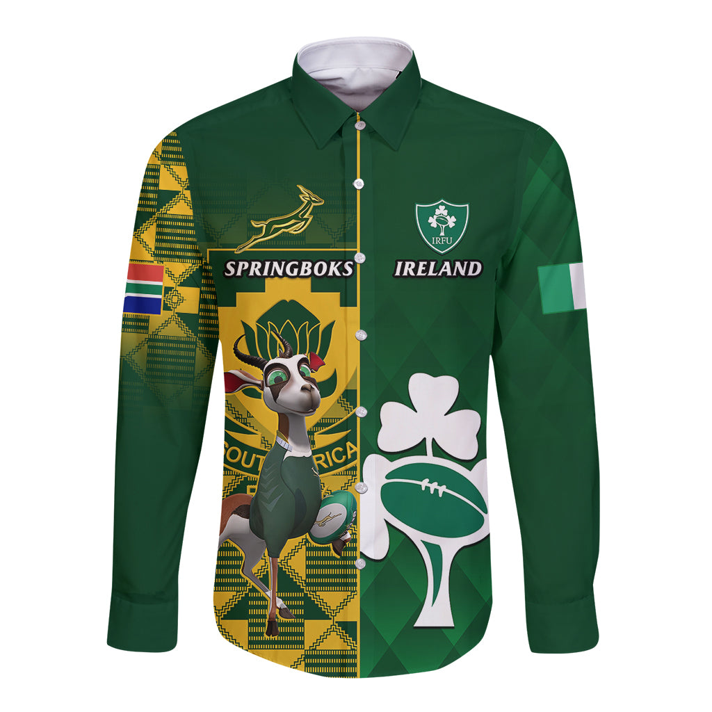 Green long-sleeve rugby button shirt with Ireland and Springboks emblems and shamrock