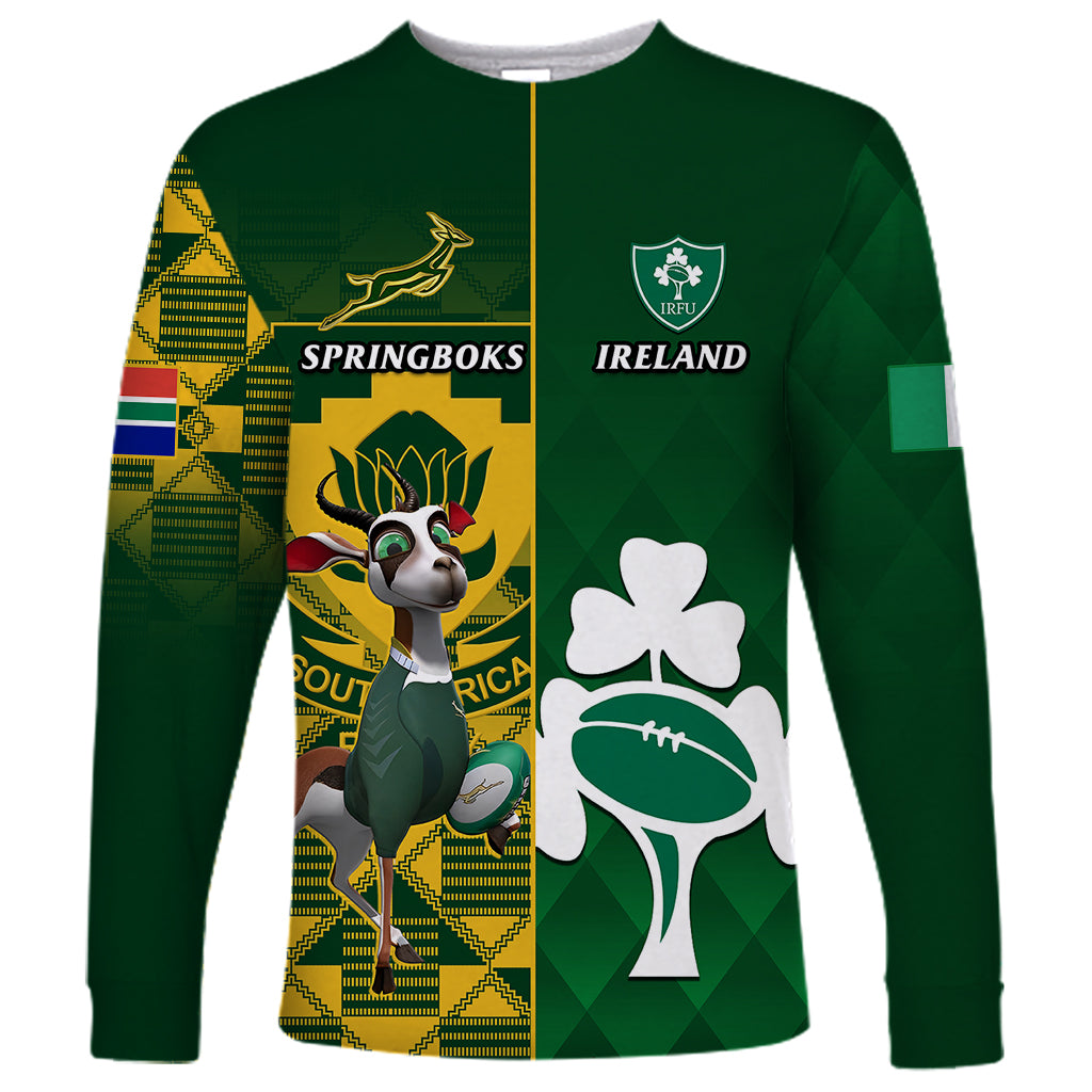 Custom South Africa And Ireland Rugby Long Sleeve Shirt 2023 World Cup Springboks Shamrocks Together - Wonder Print Shop