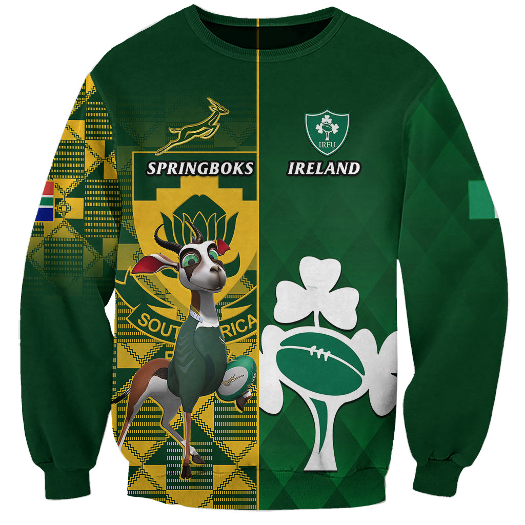 Green rugby sweatshirt with Springboks and Ireland crests plus bull mascot graphic