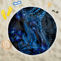 Blue round beach blanket with white fringe; tribal shark and plumeria flower design