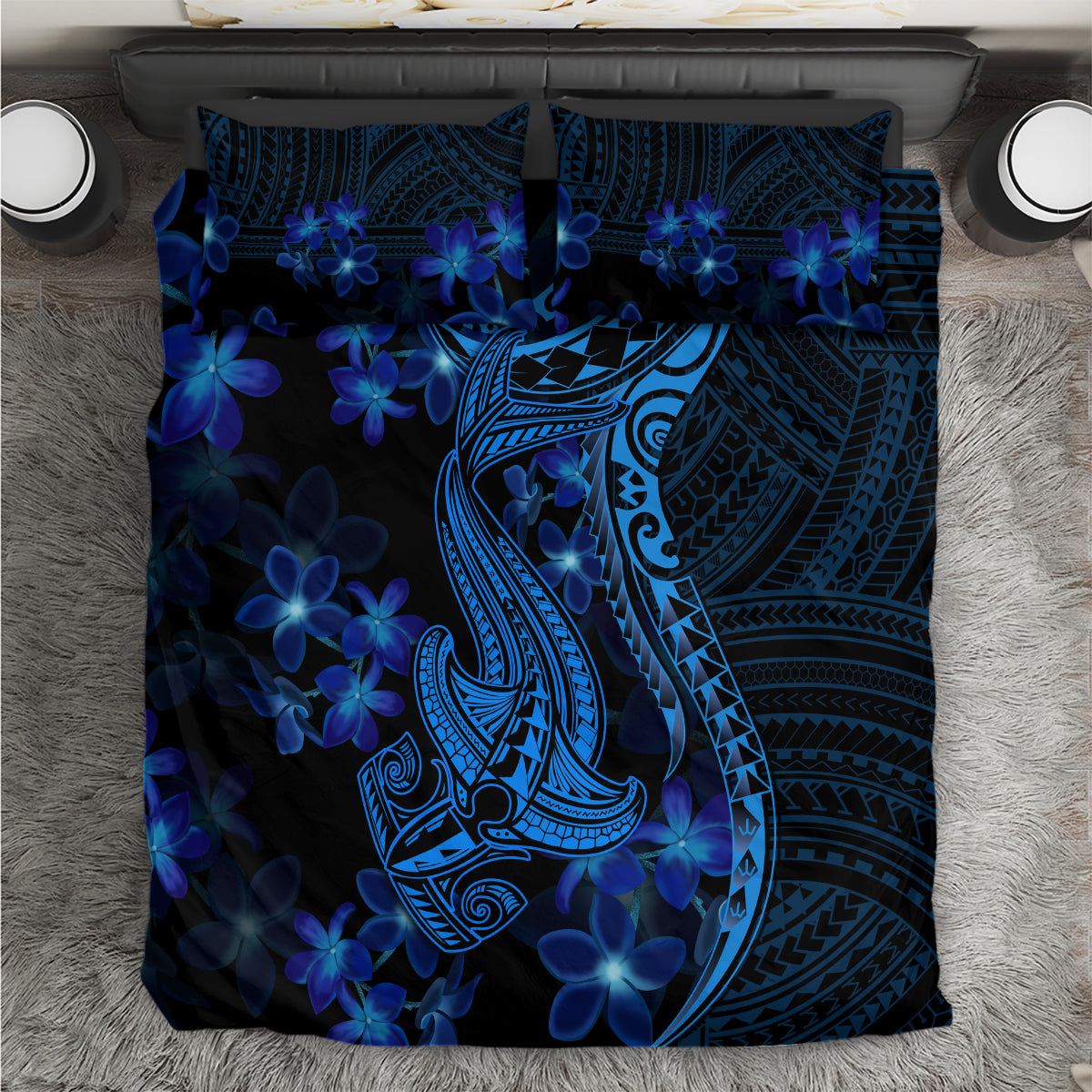 Blue shark tattoo bedding set with dark blue floral patterns and tribal swirls
